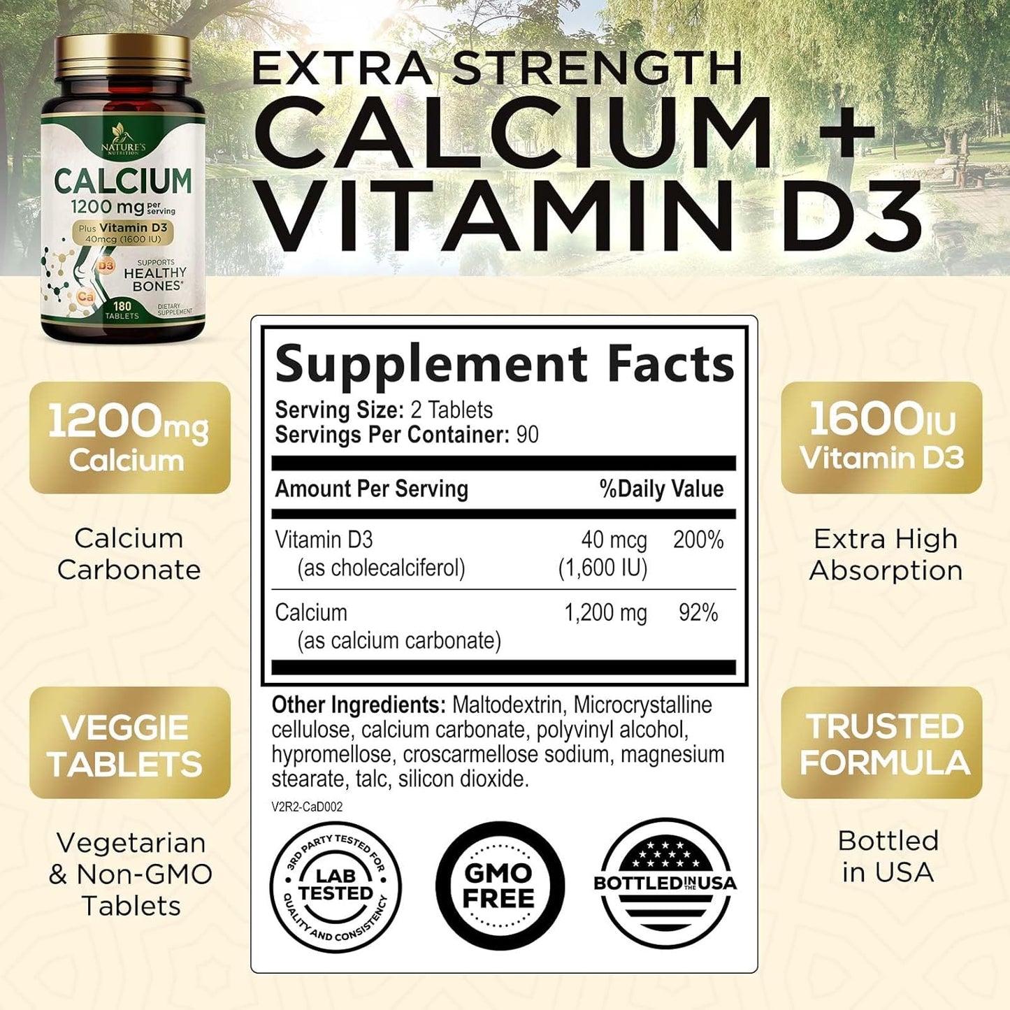 High Strength Calcium 1200mg with Vitamin D3 for Bone & Teeth Health - 180 Tablets, Women & Men's Calcium Supplement with Absorbable Calcium Carbonate
