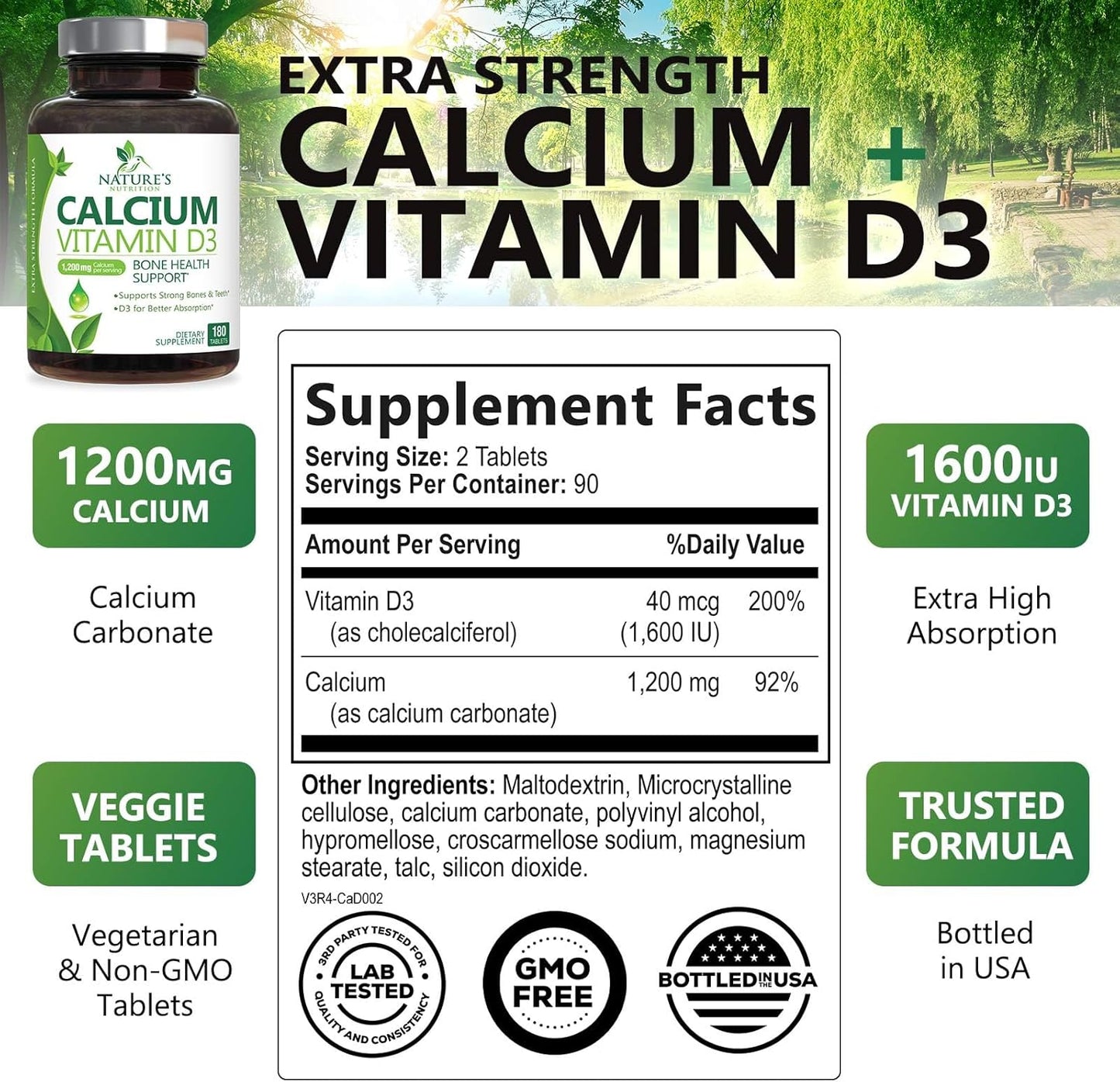 High Strength Calcium 1200mg with Vitamin D3 for Bone & Teeth Health - 180 Tablets, Natural Calcium Supplement for Women & Men