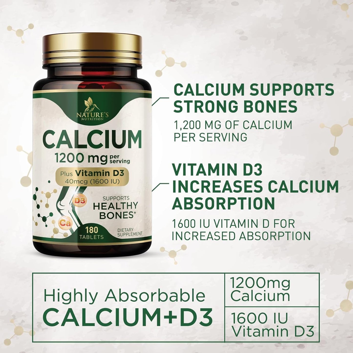 High Strength Calcium 1200mg with Vitamin D3 for Bone & Teeth Health - 180 Tablets, Women & Men's Calcium Supplement with Absorbable Calcium Carbonate