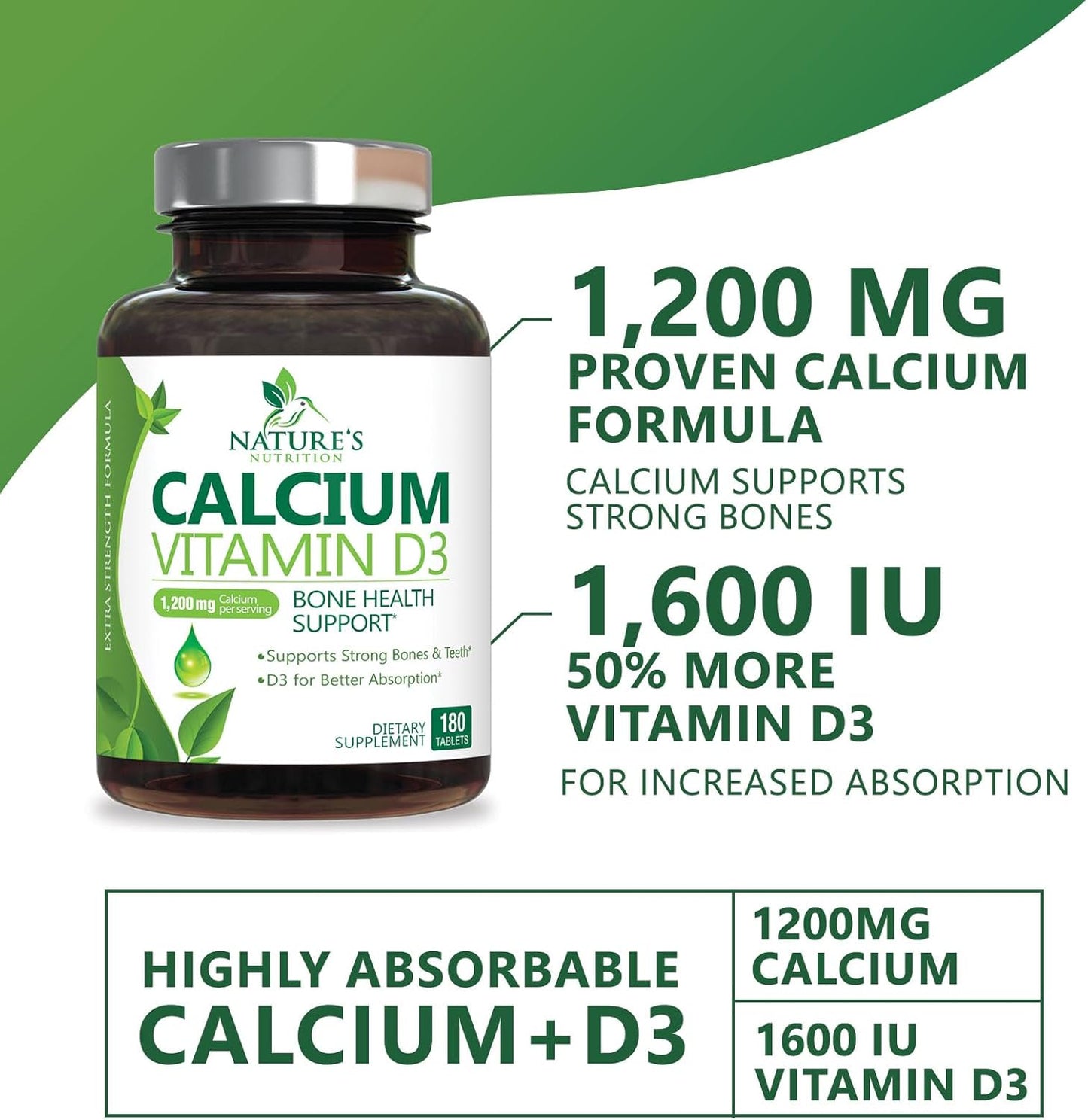 High Strength Calcium 1200mg with Vitamin D3 for Bone & Teeth Health - 180 Tablets, Natural Calcium Supplement for Women & Men