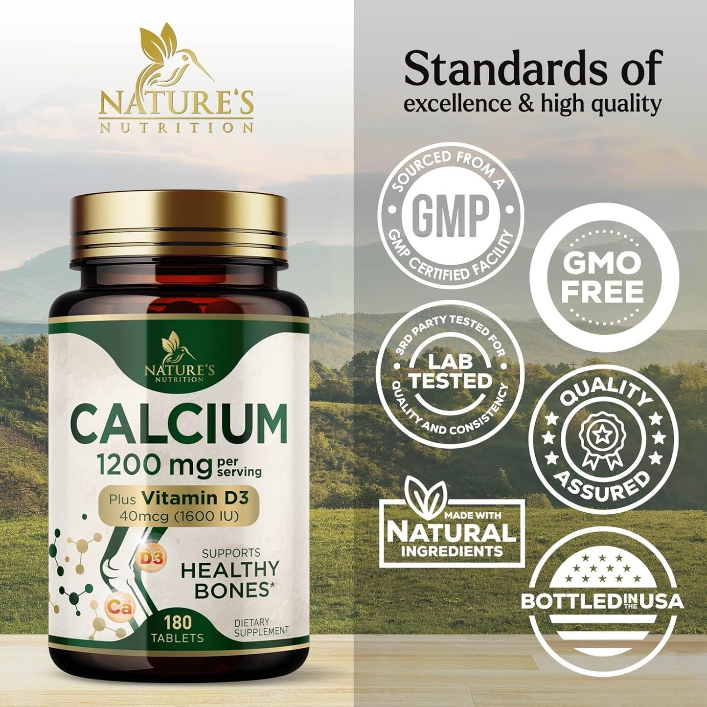 High Strength Calcium 1200mg with Vitamin D3 for Bone & Teeth Health - 180 Tablets, Women & Men's Calcium Supplement with Absorbable Calcium Carbonate