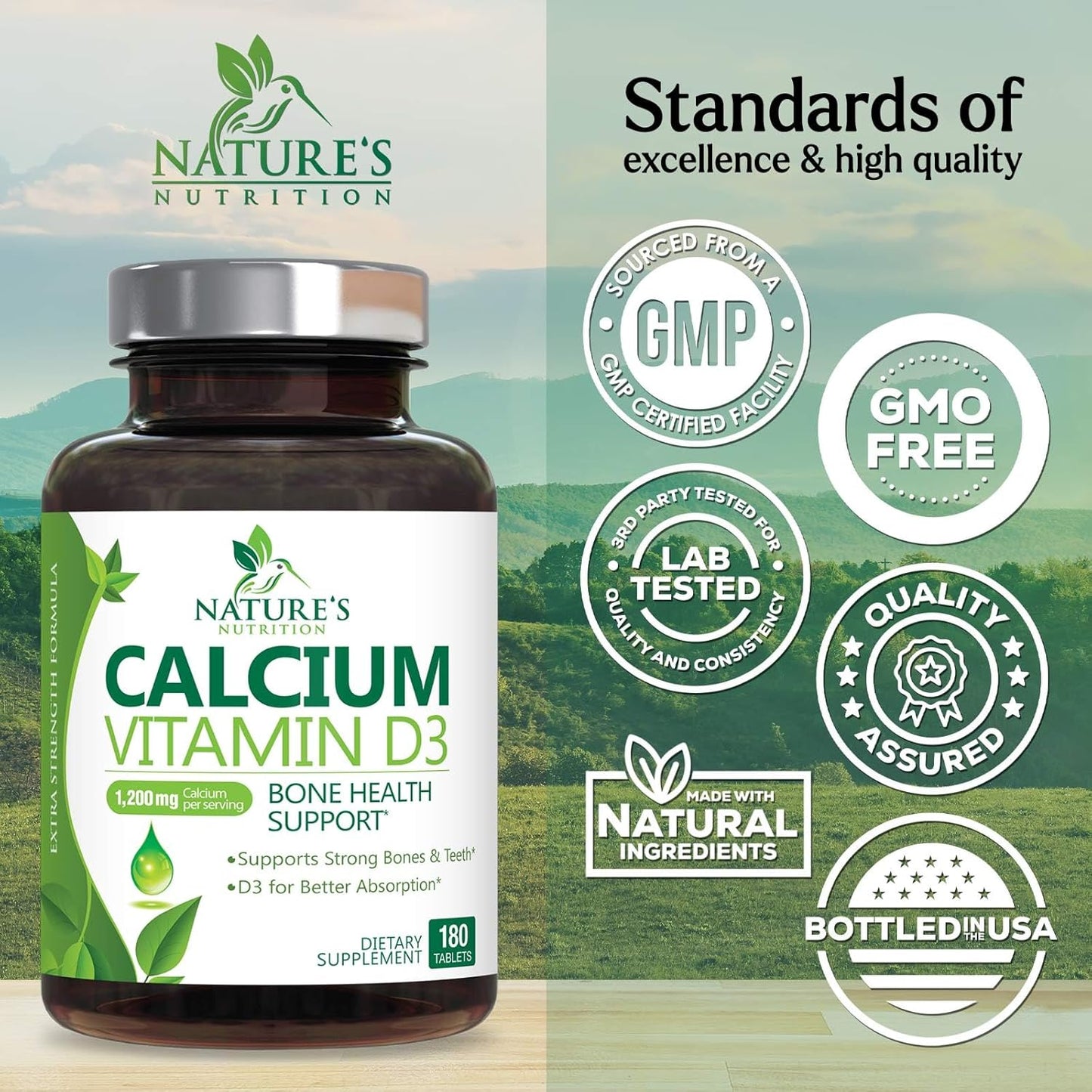 High Strength Calcium 1200mg with Vitamin D3 for Bone & Teeth Health - 180 Tablets, Natural Calcium Supplement for Women & Men
