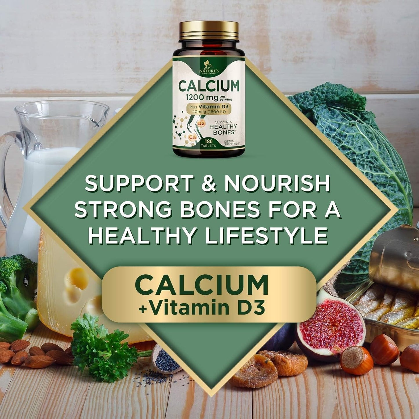 High Strength Calcium 1200mg with Vitamin D3 for Bone & Teeth Health - 180 Tablets, Women & Men's Calcium Supplement with Absorbable Calcium Carbonate