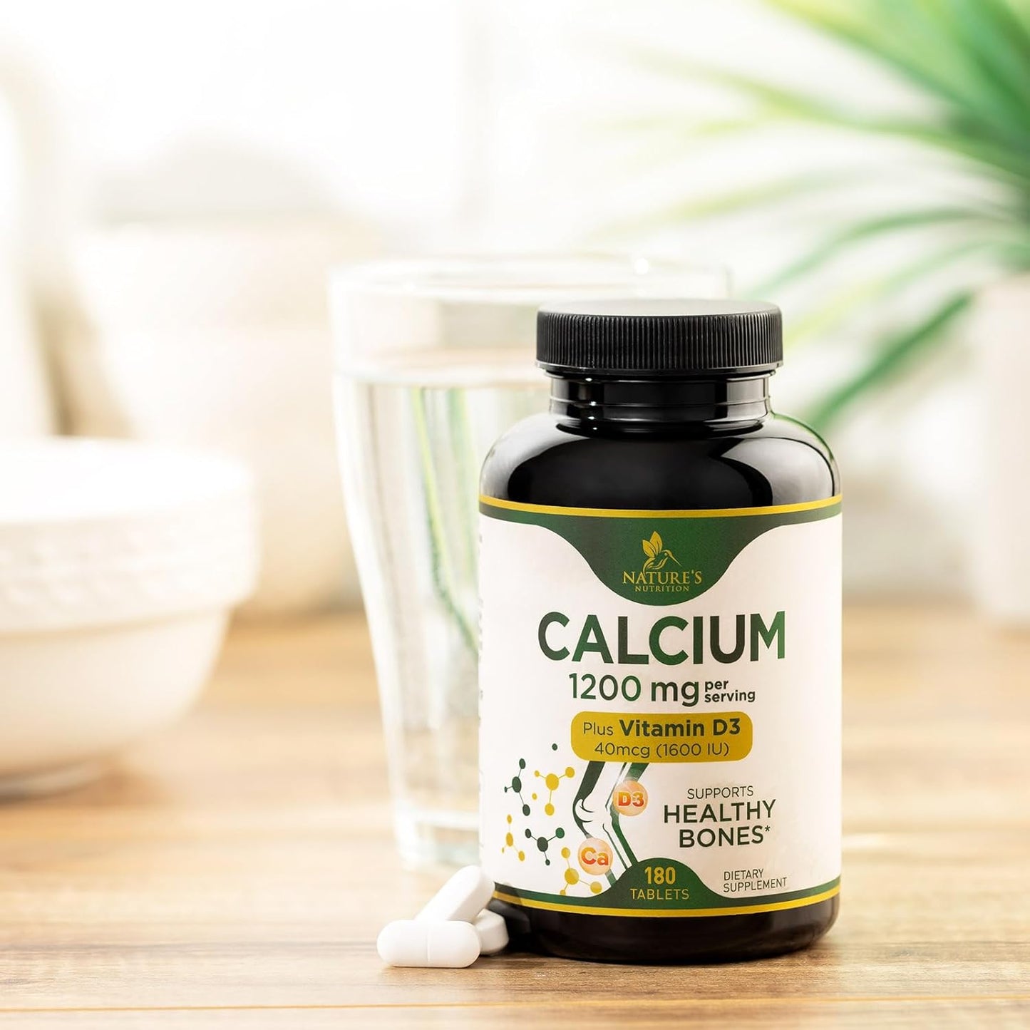 High Strength Calcium 1200mg with Vitamin D3 for Bone & Teeth Health - 180 Tablets, Women & Men's Calcium Supplement with Absorbable Calcium Carbonate