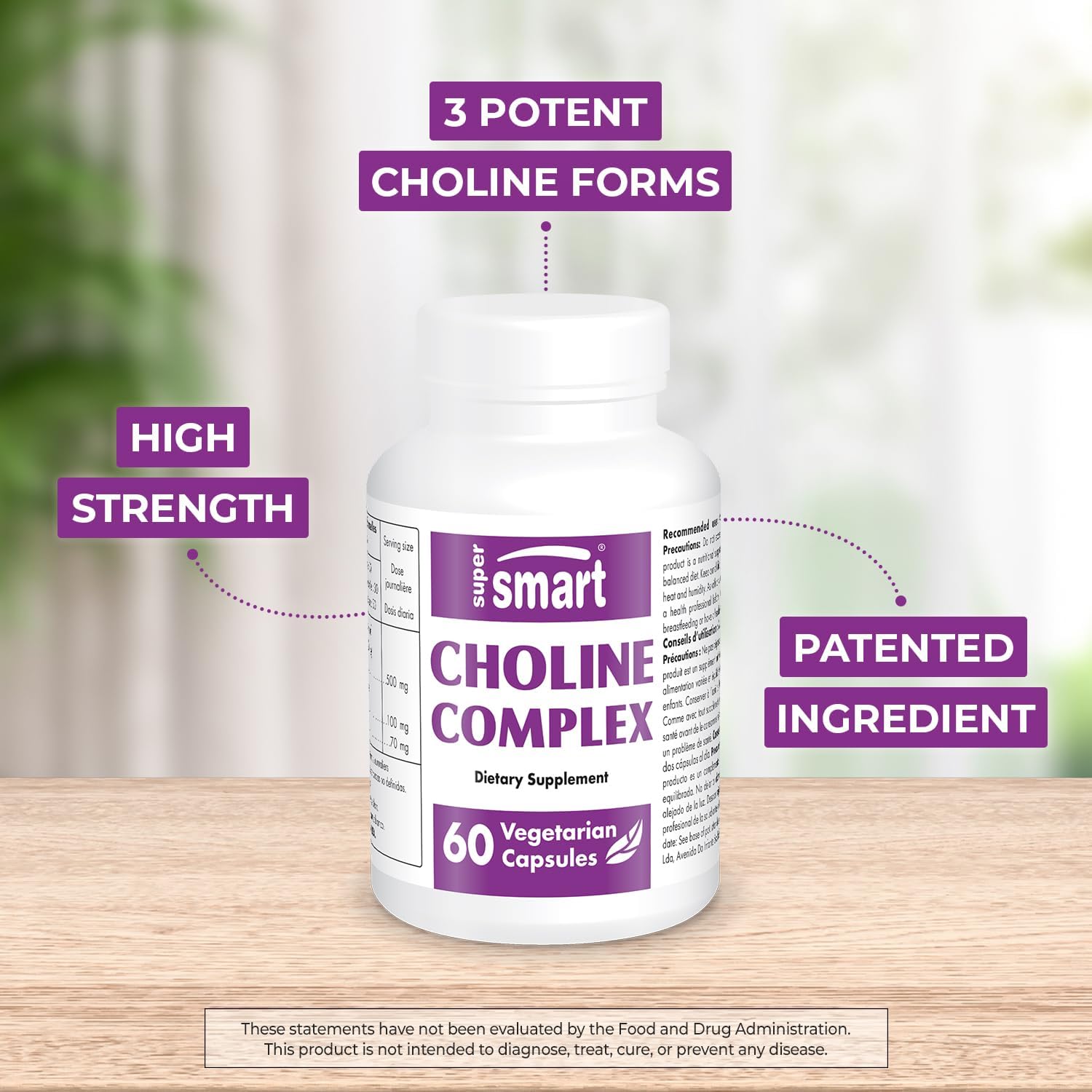 High Strength Choline Complex Supplement - Patented Formula with Choline Bitartrate, GPC Choline & CDP Choline - Non-GMO & Gluten Free - 60 Vegetarian Capsules