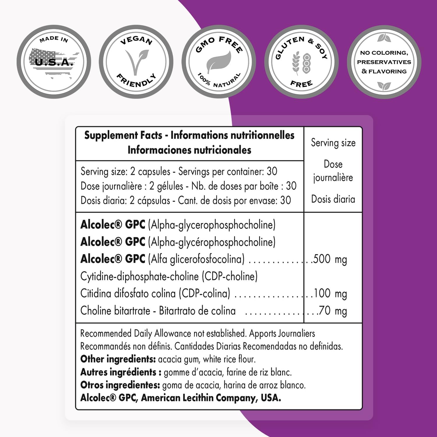 High Strength Choline Complex Supplement - Patented Formula with Choline Bitartrate, GPC Choline & CDP Choline - Non-GMO & Gluten Free - 60 Vegetarian Capsules