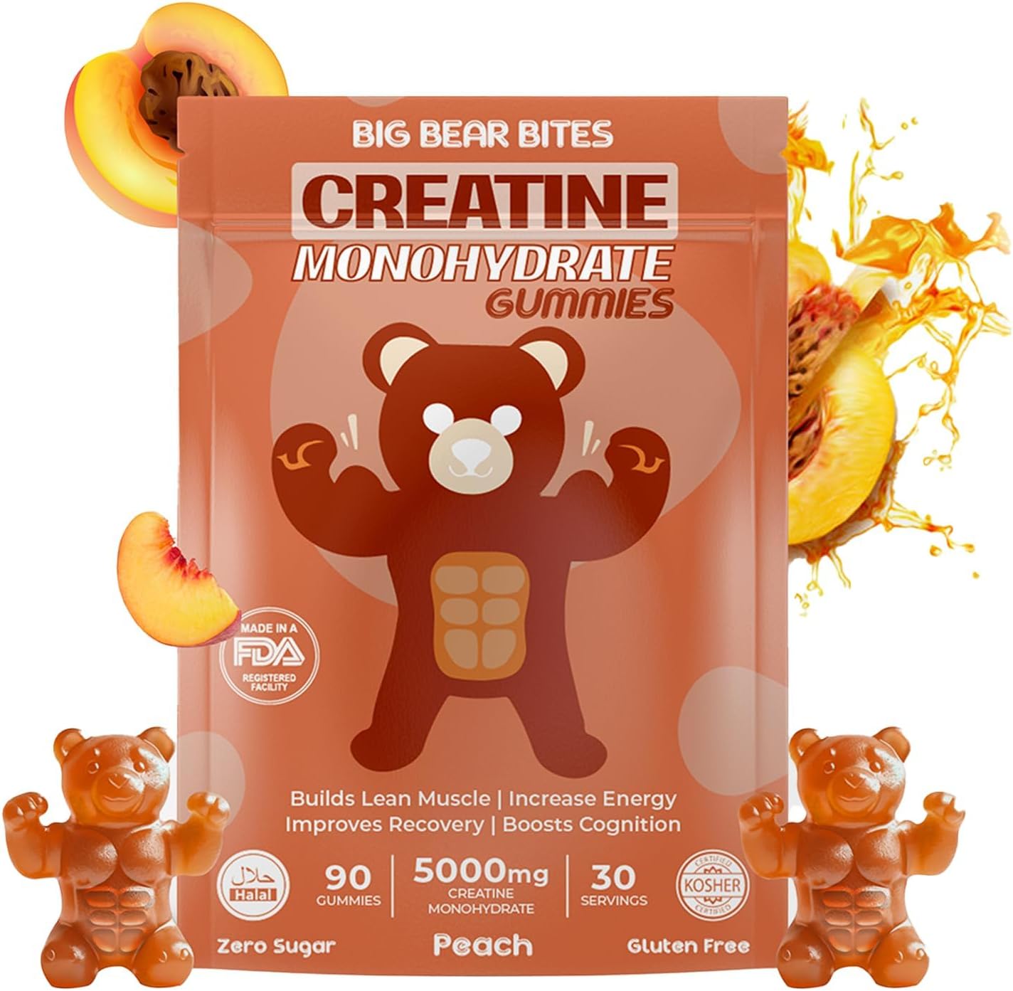 High Strength Creatine Gummies for Muscle Recovery | 5000mg per Serving | Sugar-Free, Gluten-Free & Halal | Peach Flavor | Pack of 90 Gummies for Men & Women