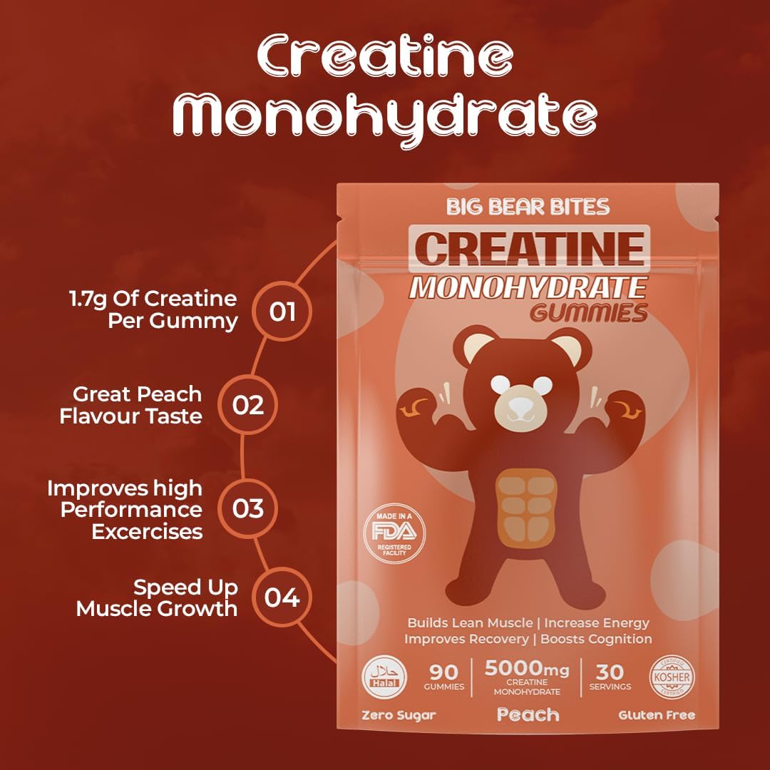 High Strength Creatine Gummies for Muscle Recovery | 5000mg per Serving | Sugar-Free, Gluten-Free & Halal | Peach Flavor | Pack of 90 Gummies for Men & Women