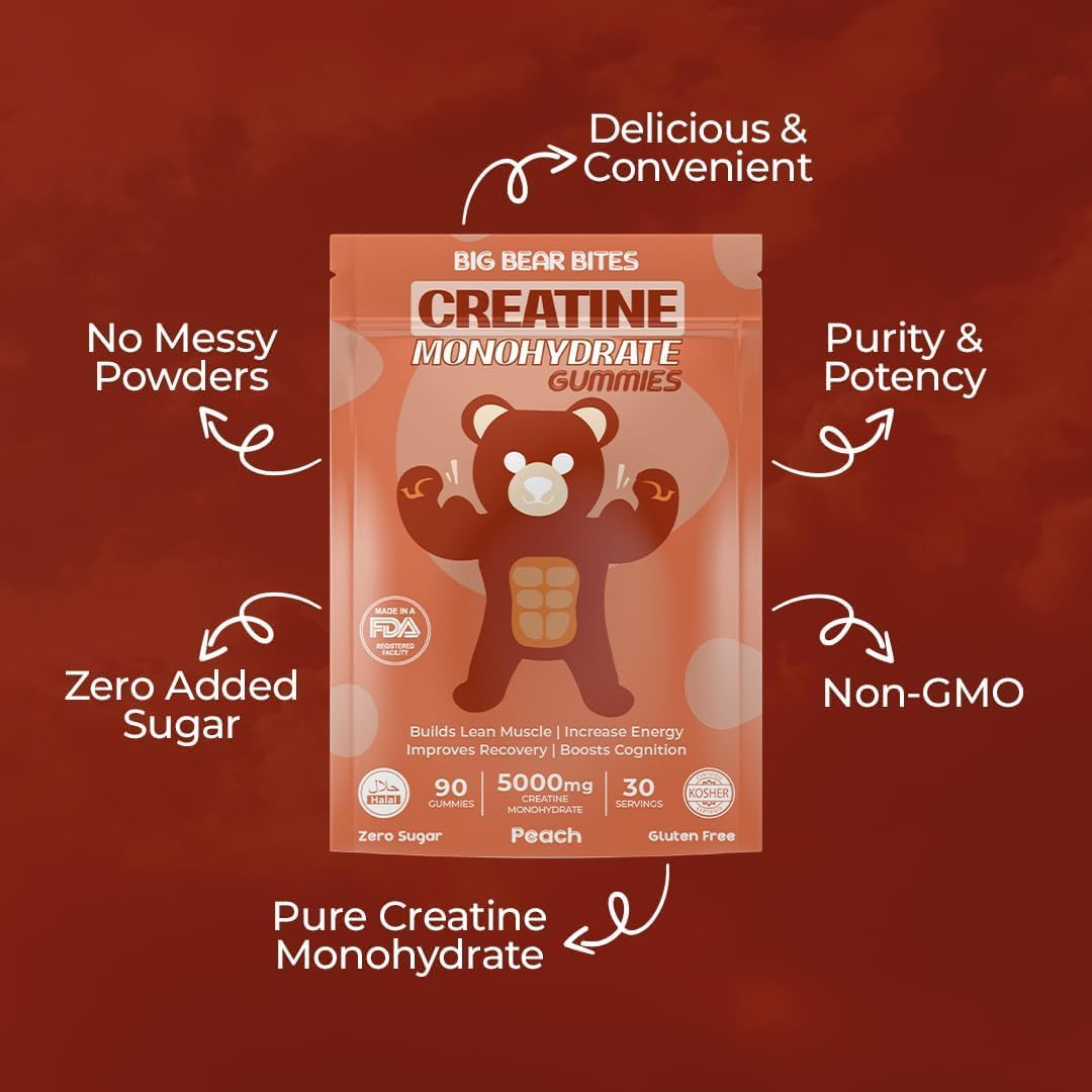 High Strength Creatine Gummies for Muscle Recovery | 5000mg per Serving | Sugar-Free, Gluten-Free & Halal | Peach Flavor | Pack of 90 Gummies for Men & Women