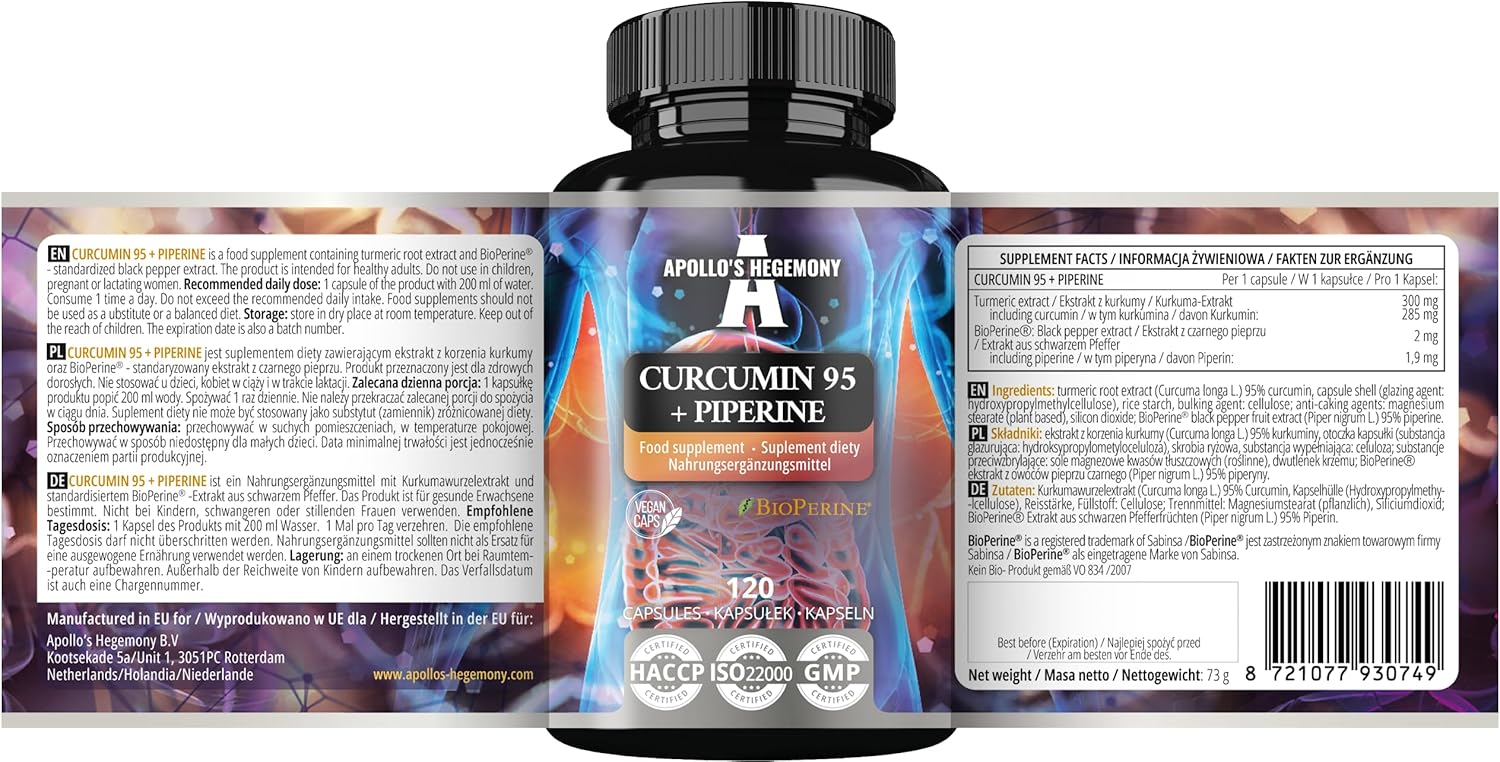 High Strength Curcumin 95 + Piperine Capsules, 302mg per Dose, 120 Vegan Capsules, 4 Month Supply