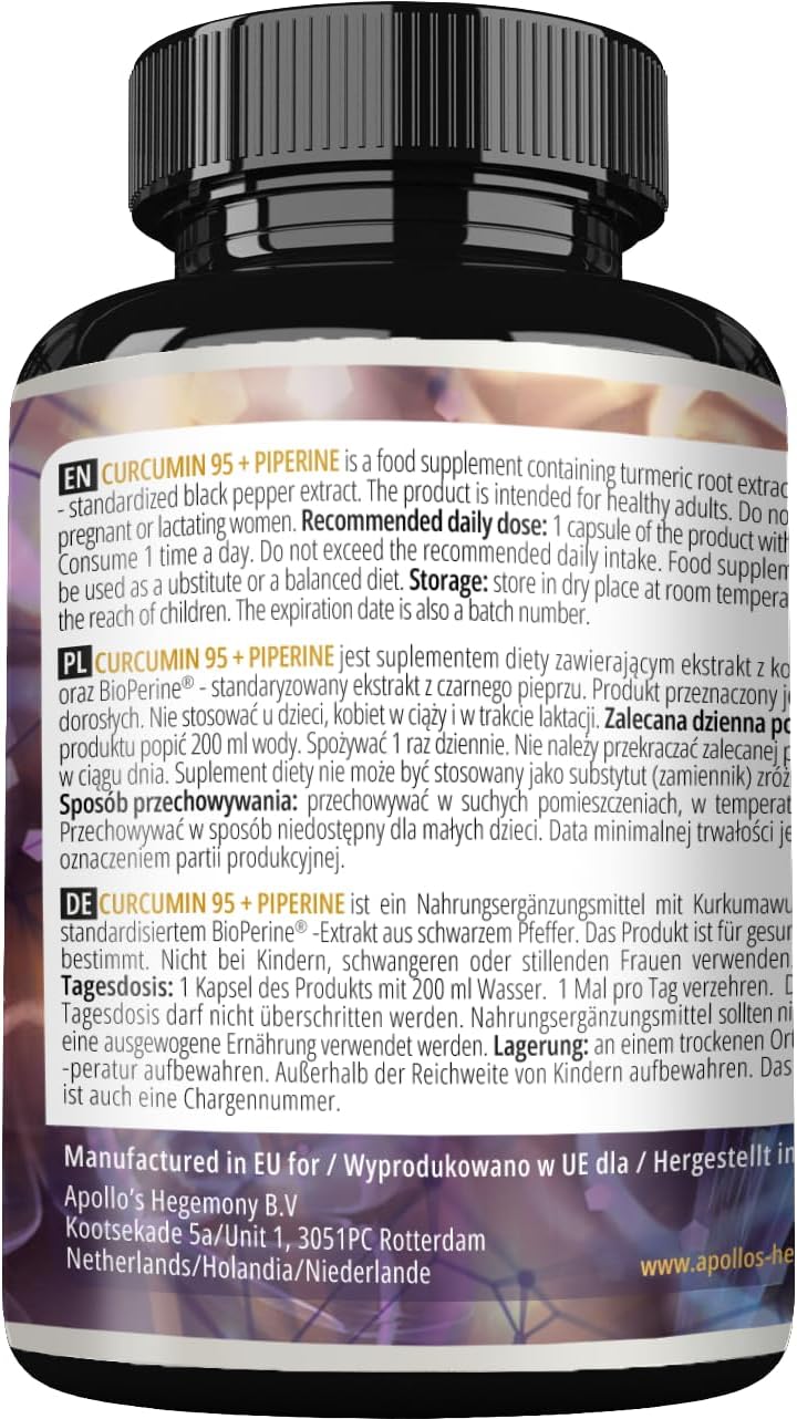 High Strength Curcumin 95 + Piperine Capsules, 302mg per Dose, 120 Vegan Capsules, 4 Month Supply