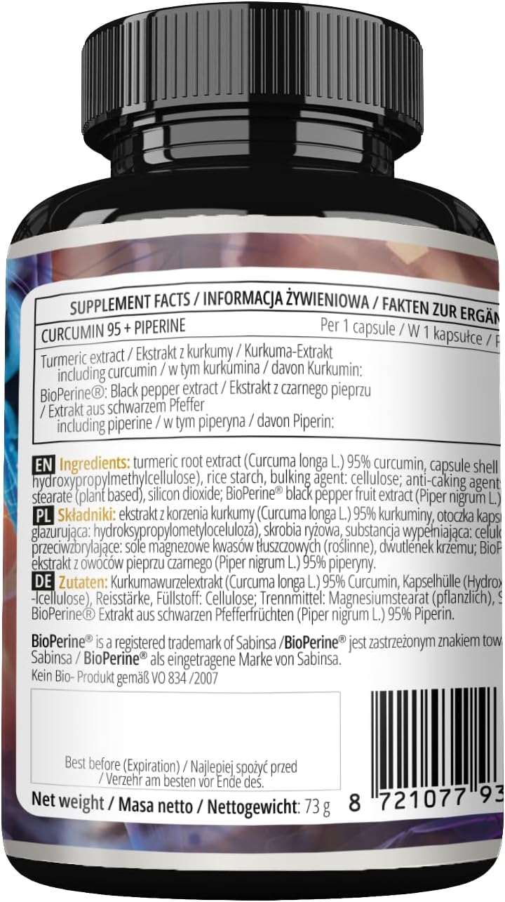 High Strength Curcumin 95 + Piperine Capsules, 302mg per Dose, 120 Vegan Capsules, 4 Month Supply