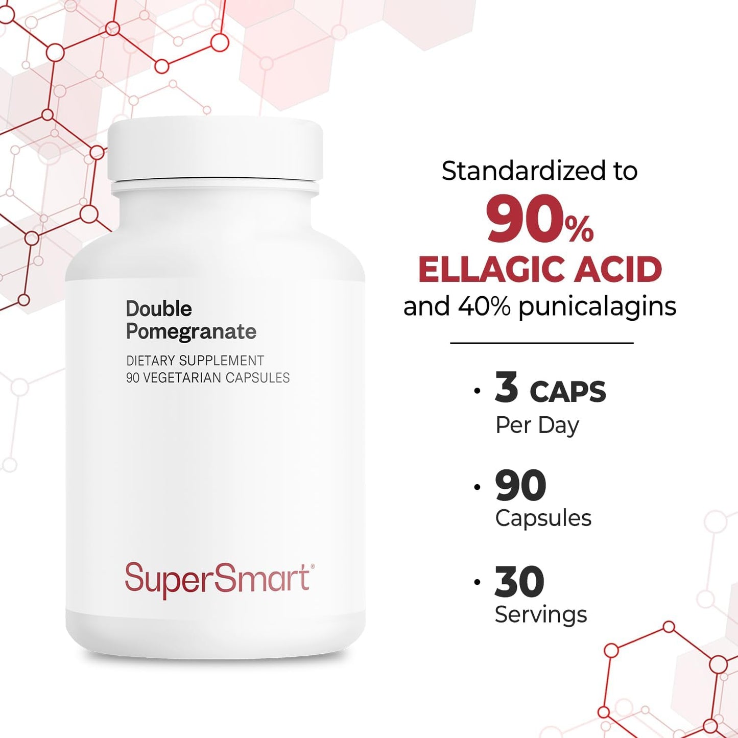High Strength Double Pomegranate Extract Supplement - 90 Capsules - 90% Ellagic Acid - Advanced Antioxidant Formula - Non-GMO & Gluten Free