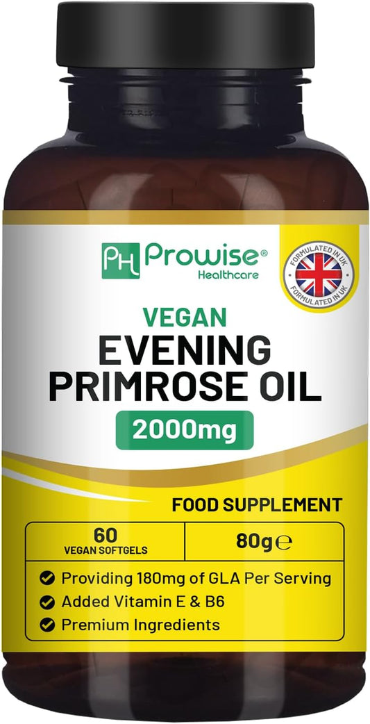 High Strength Evening Primrose Oil 2000mg with Vitamin E & B6 - 60 Vegan Softgels | Cold Pressed, Premium Quality Supplement for Women's Health | 180mg GLA per Capsule | Vegan by Prowise Healthcare