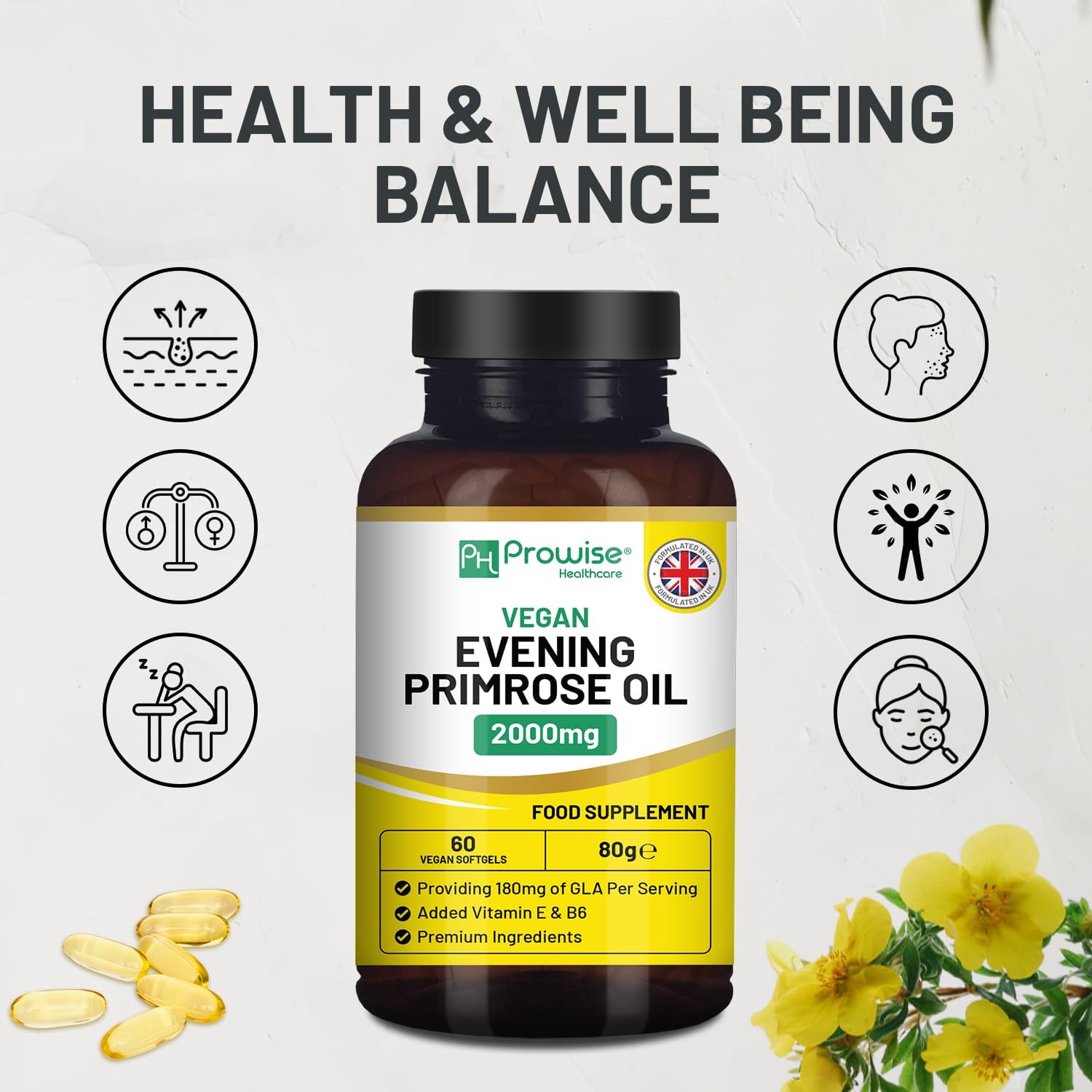 High Strength Evening Primrose Oil 2000mg with Vitamin E & B6 - 60 Vegan Softgels | Cold Pressed, Premium Quality Supplement for Women's Health | 180mg GLA per Capsule | Vegan by Prowise Healthcare