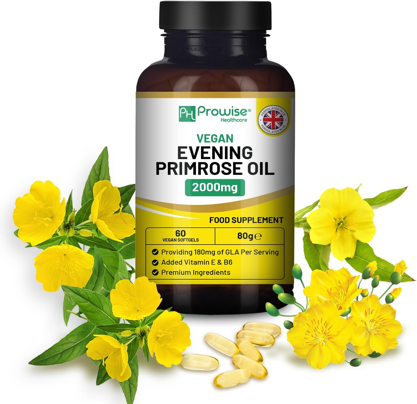 High Strength Evening Primrose Oil 2000mg with Vitamin E & B6 - 60 Vegan Softgels | Cold Pressed, Premium Quality Supplement for Women's Health | 180mg GLA per Capsule | Vegan by Prowise Healthcare