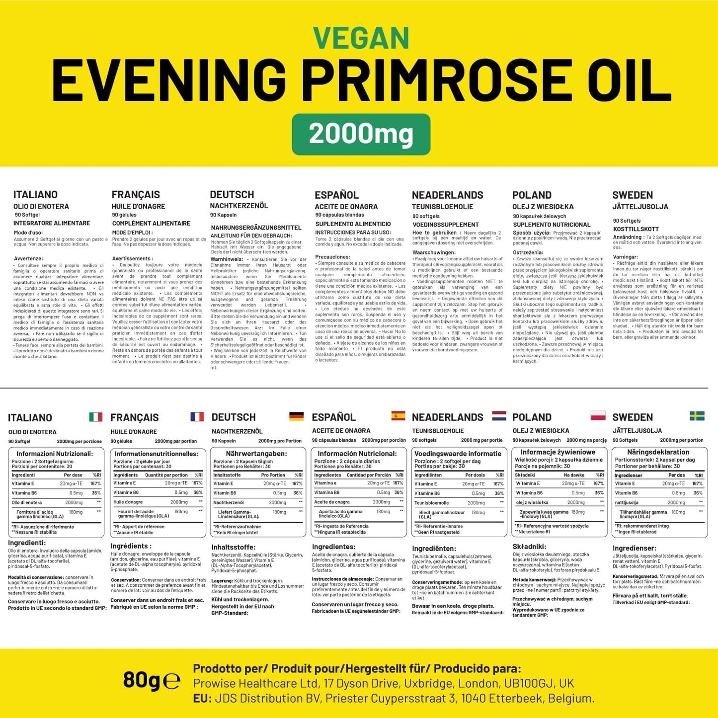 High Strength Evening Primrose Oil 2000mg with Vitamin E & B6 - 60 Vegan Softgels | Cold Pressed, Premium Quality Supplement for Women's Health | 180mg GLA per Capsule | Vegan by Prowise Healthcare