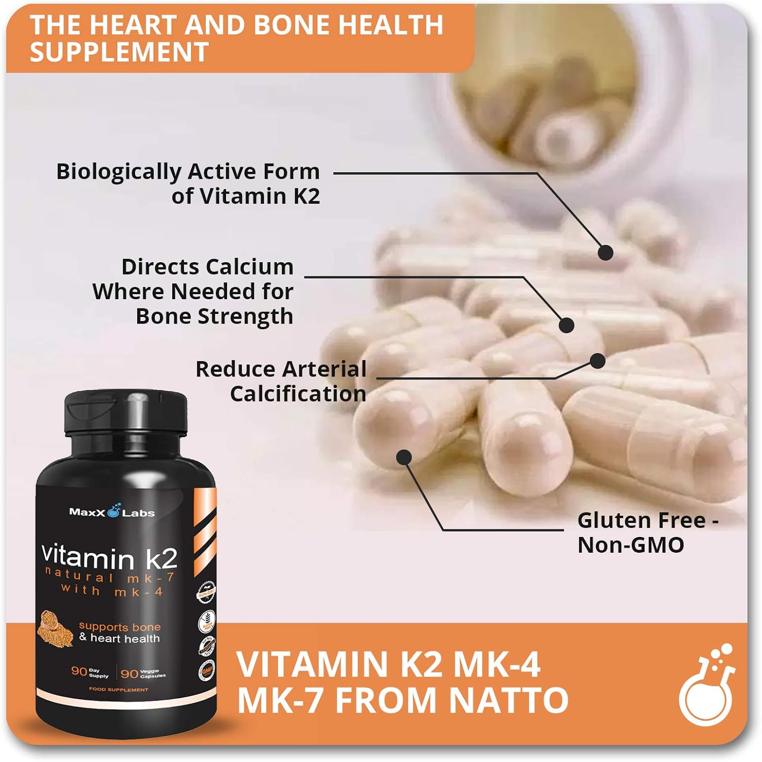 High Strength Full Spectrum Vitamin K2 Supplement with Vitamin D - 600mcg K2 MK7 & MK4 - Bone Health Support - 90 Capsules