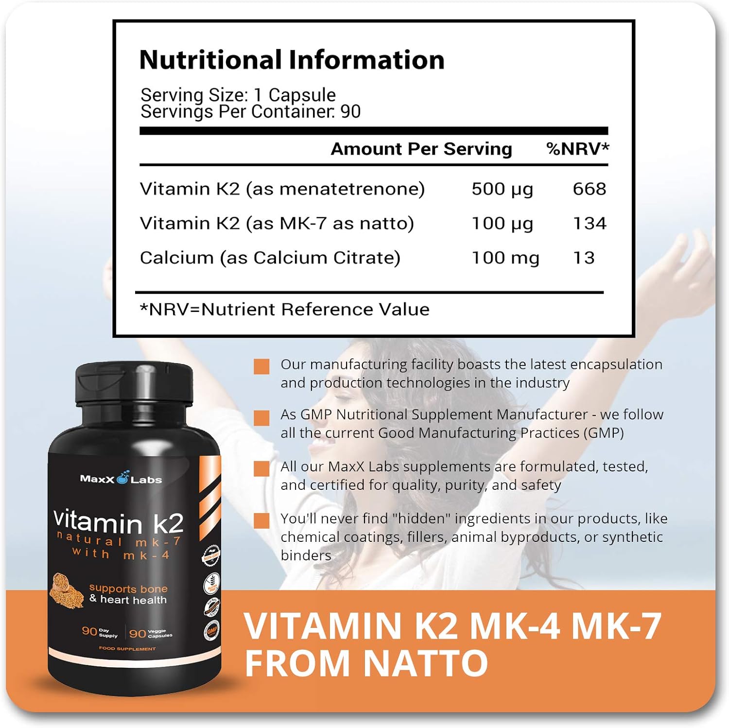 High Strength Full Spectrum Vitamin K2 Supplement with Vitamin D - 600mcg K2 MK7 & MK4 - Bone Health Support - 90 Capsules