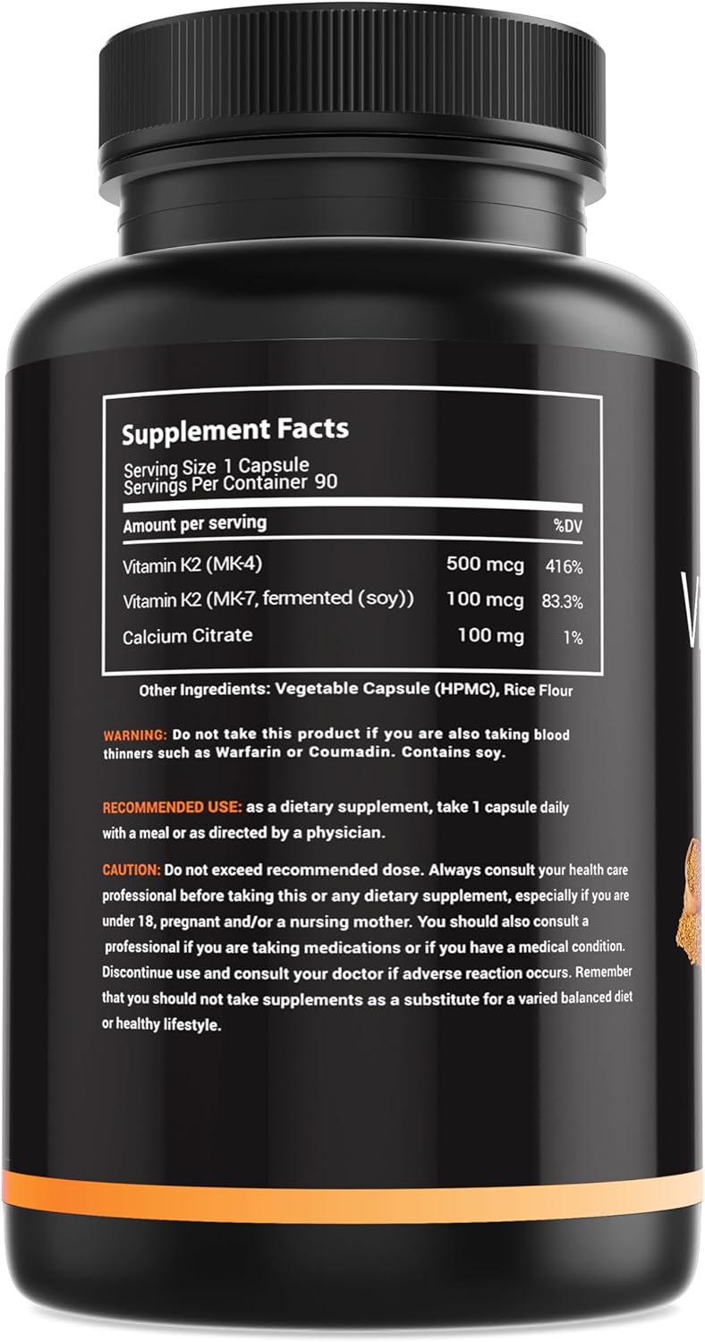 High Strength Full Spectrum Vitamin K2 Supplement with Vitamin D - 600mcg K2 MK7 & MK4 - Bone Health Support - 90 Capsules
