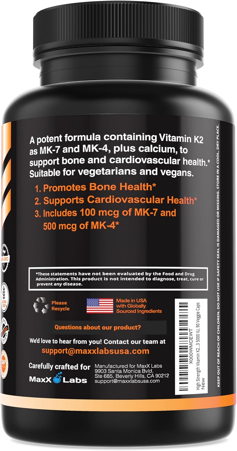 High Strength Full Spectrum Vitamin K2 Supplement with Vitamin D - 600mcg K2 MK7 & MK4 - Bone Health Support - 90 Capsules
