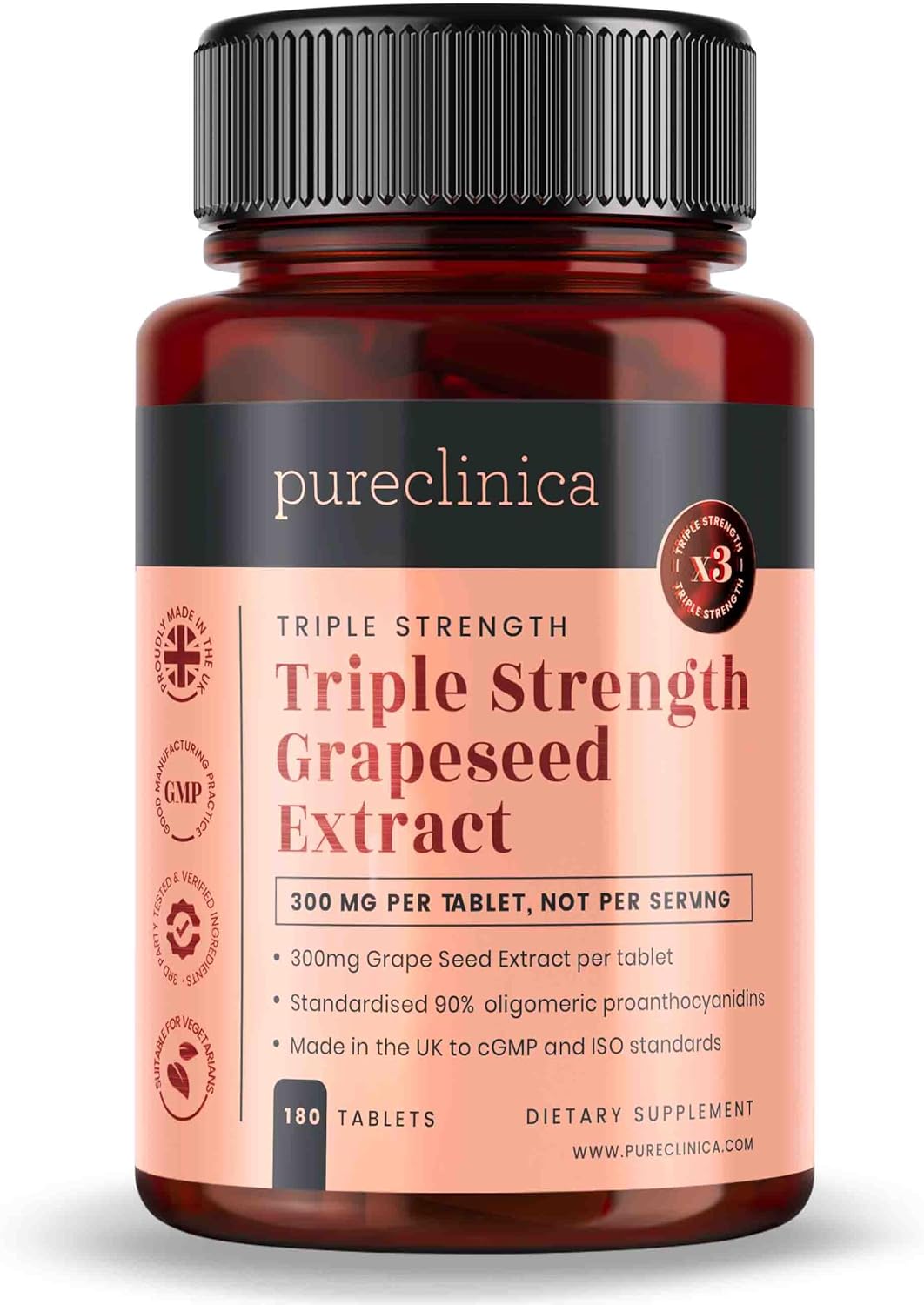 High Strength Grape Seed Extract Tablets - 300mg x 180 (90% Oligomeric Proanthocyanidins) - 3x Potency of Standard Grape Seed Supplement