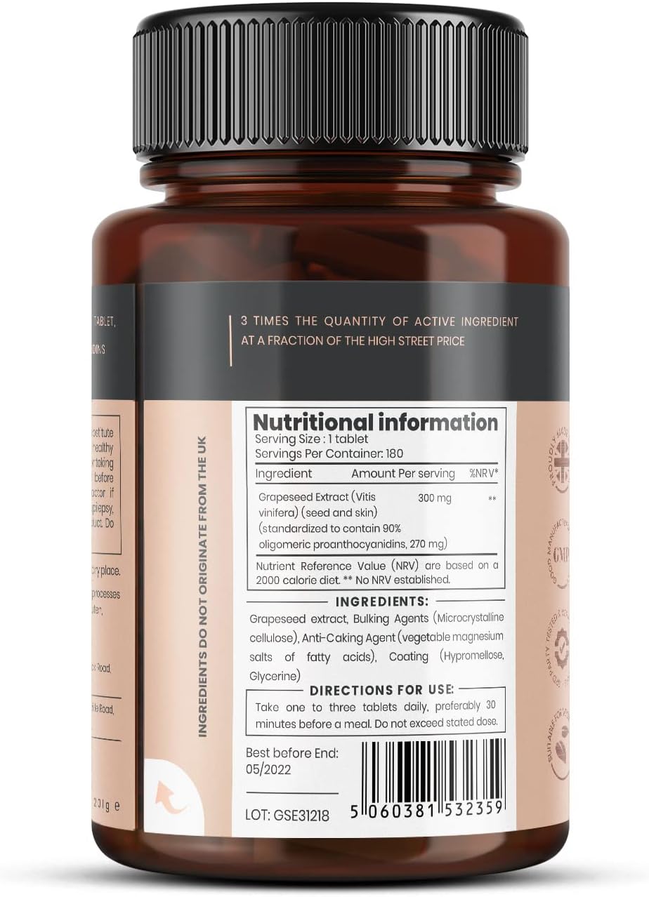 High Strength Grape Seed Extract Tablets - 300mg x 180 (90% Oligomeric Proanthocyanidins) - 3x Potency of Standard Grape Seed Supplement