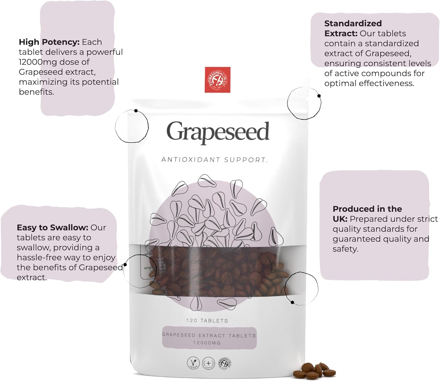 High Strength Grapeseed Extract Tablets 12000mg - Vegan Supplement - 120 Tablets - UK Made