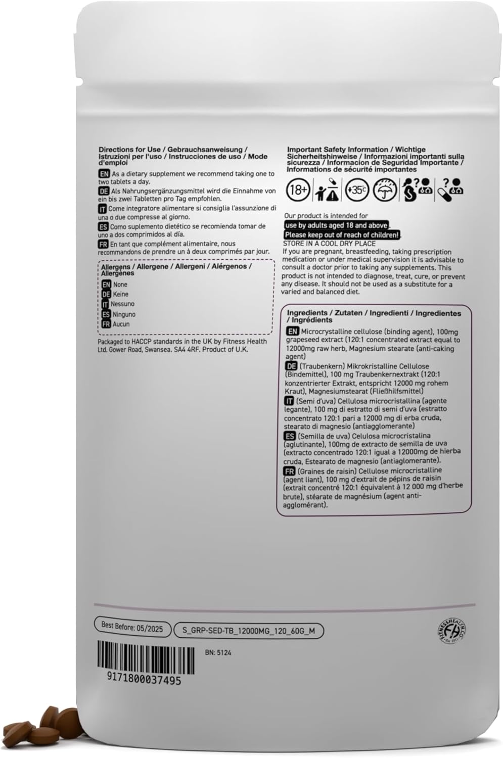 High Strength Grapeseed Extract Tablets 12000mg - Vegan Supplement - 120 Tablets - UK Made