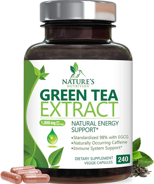 High Strength Green Tea Extract Capsules - 1000mg with 98% EGCG - Natural Energy Boost & Heart Support - 240 Capsules