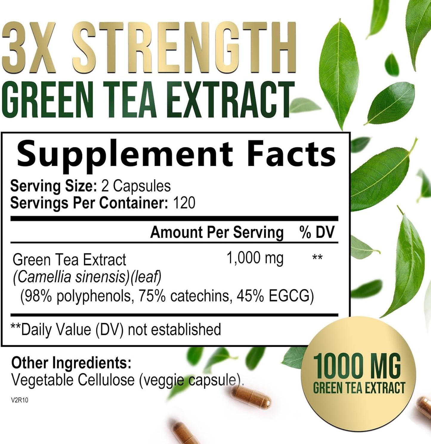 High Strength Green Tea Extract Capsules - 1000mg with 98% EGCG - Natural Energy Boost & Heart Support - 240 Capsules