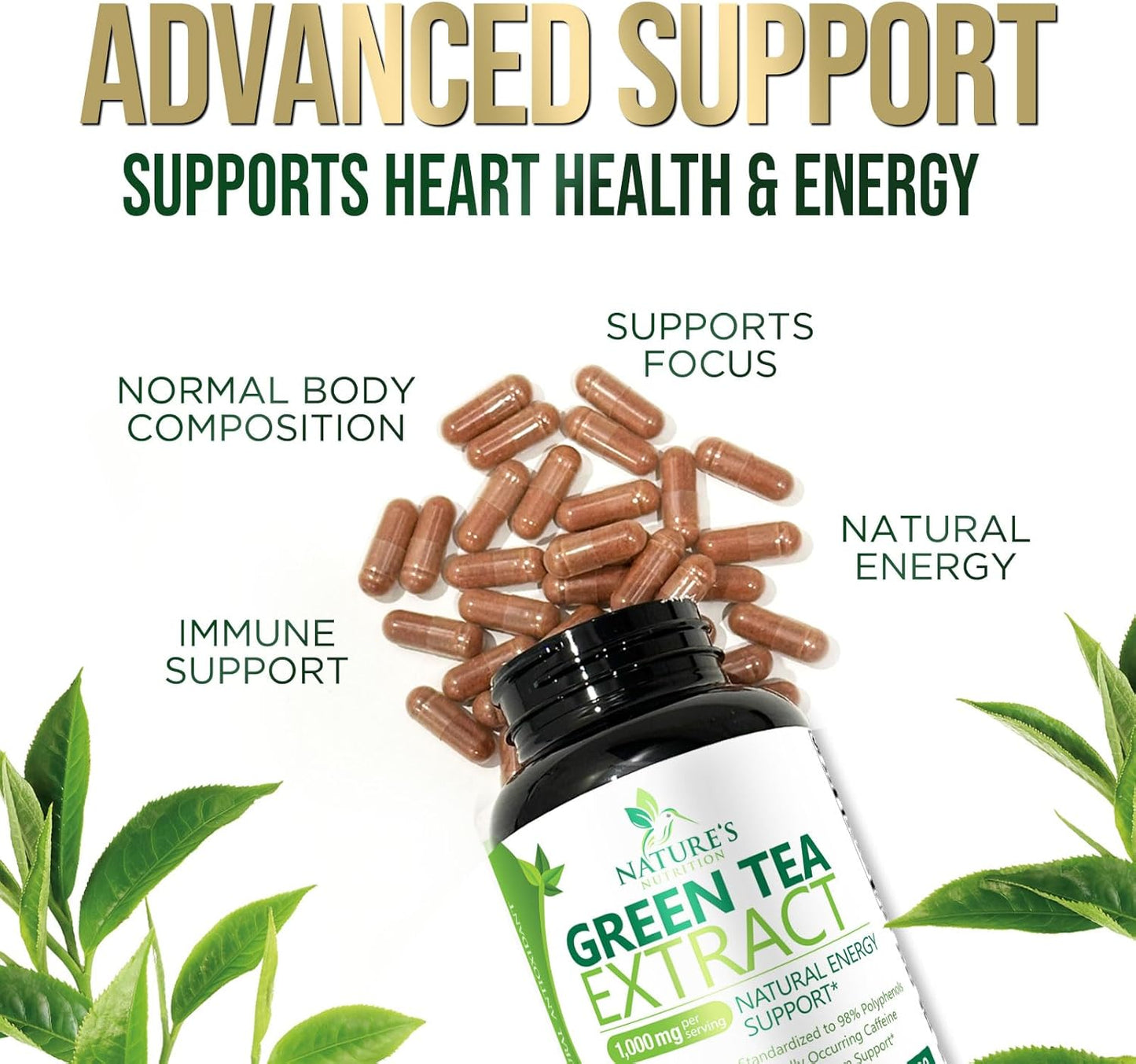 High Strength Green Tea Extract Capsules - 1000mg with 98% EGCG - Natural Energy Boost & Heart Support - 240 Capsules