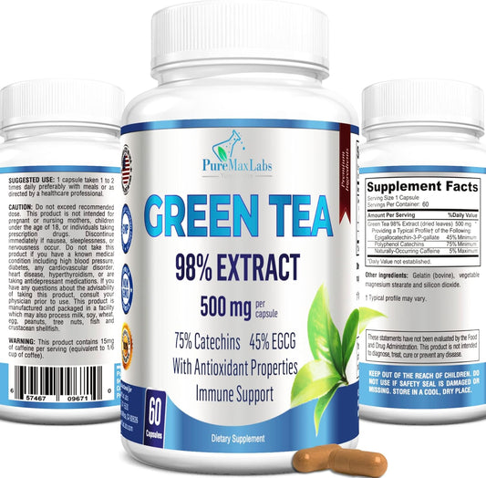 High Strength Green Tea Extract Capsules - 98% Polyphenol Catechins, 45% EGCG, Antioxidant - 60 Count