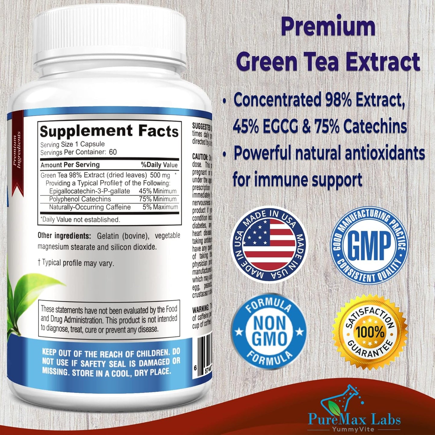 High Strength Green Tea Extract Capsules - 98% Polyphenol Catechins, 45% EGCG, Antioxidant - 60 Count