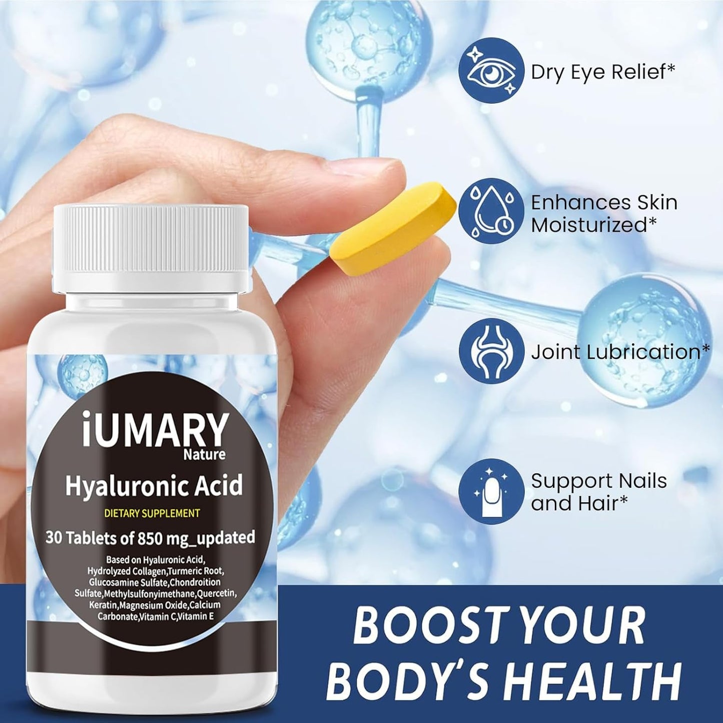 High Strength Hyaluronic Acid Supplements for Skin and Joint Health - 850mg, 90 Tablets