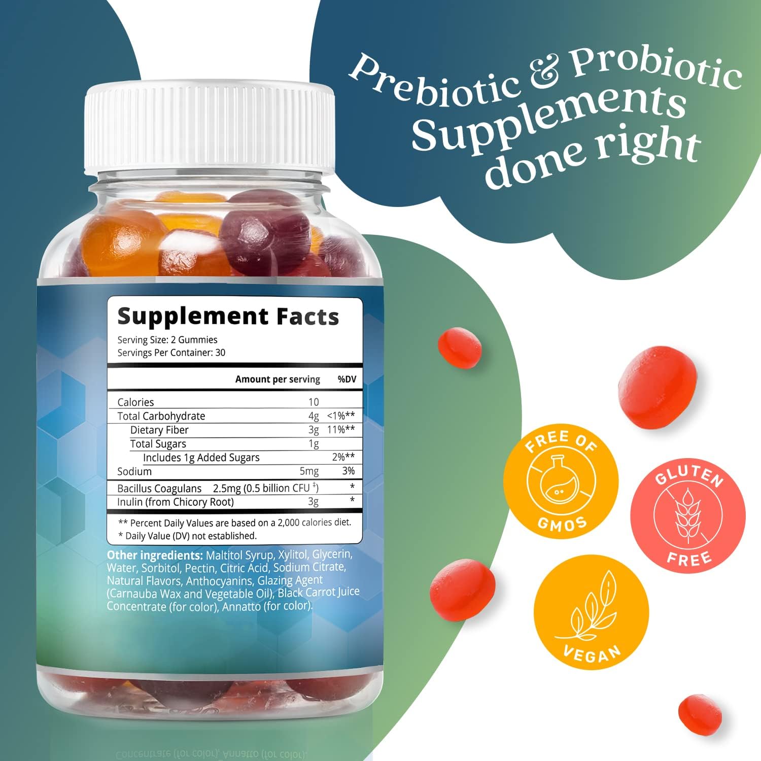 High Strength Inulin Probiotic & Prebiotic Fiber Gummies for Kids & Adults - Digestive Support Supplement - Strawberry, Lemon, Blueberry Flavor - 2-Pack