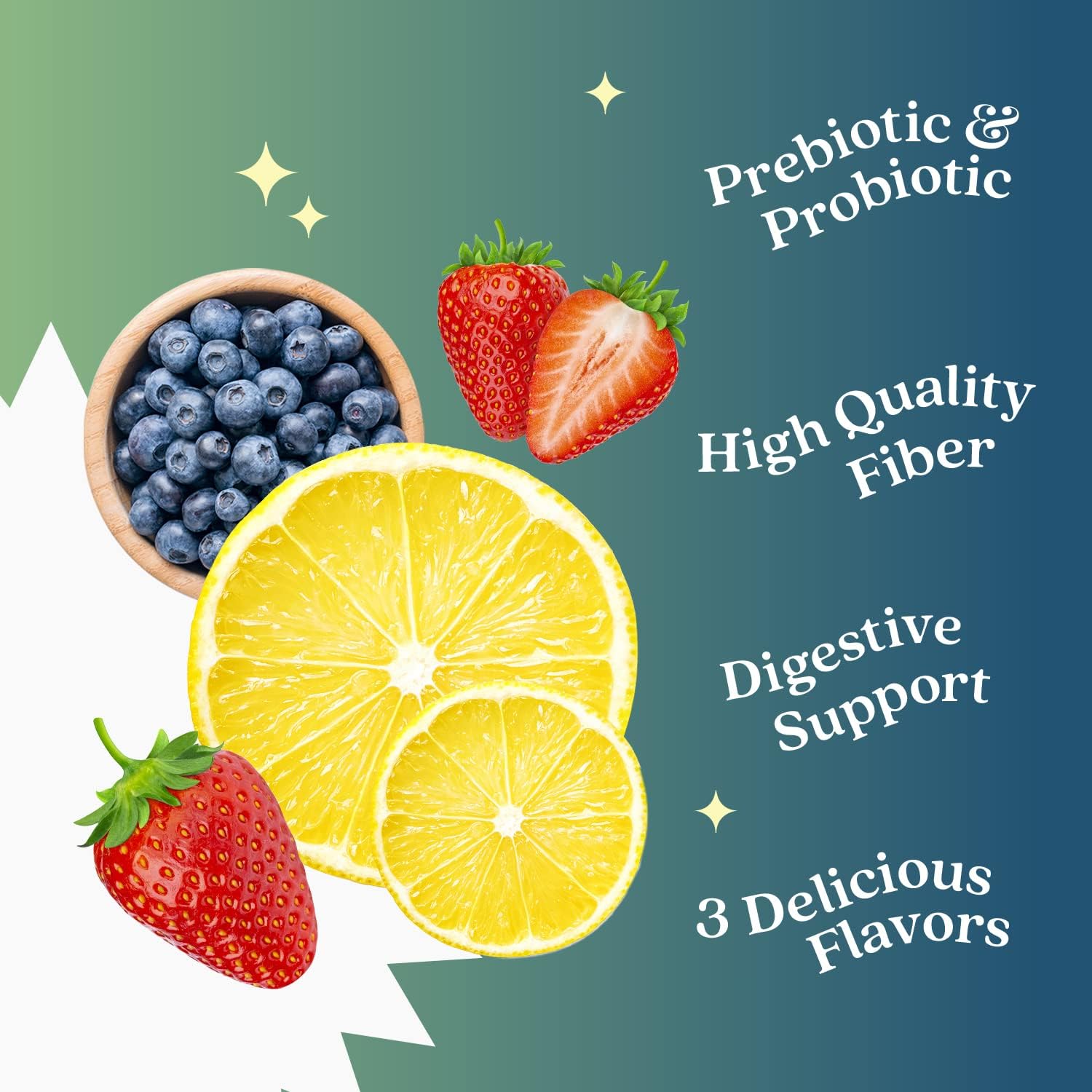 High Strength Inulin Probiotic & Prebiotic Fiber Gummies for Kids & Adults - Digestive Support Supplement - Strawberry, Lemon, Blueberry Flavor - 2-Pack