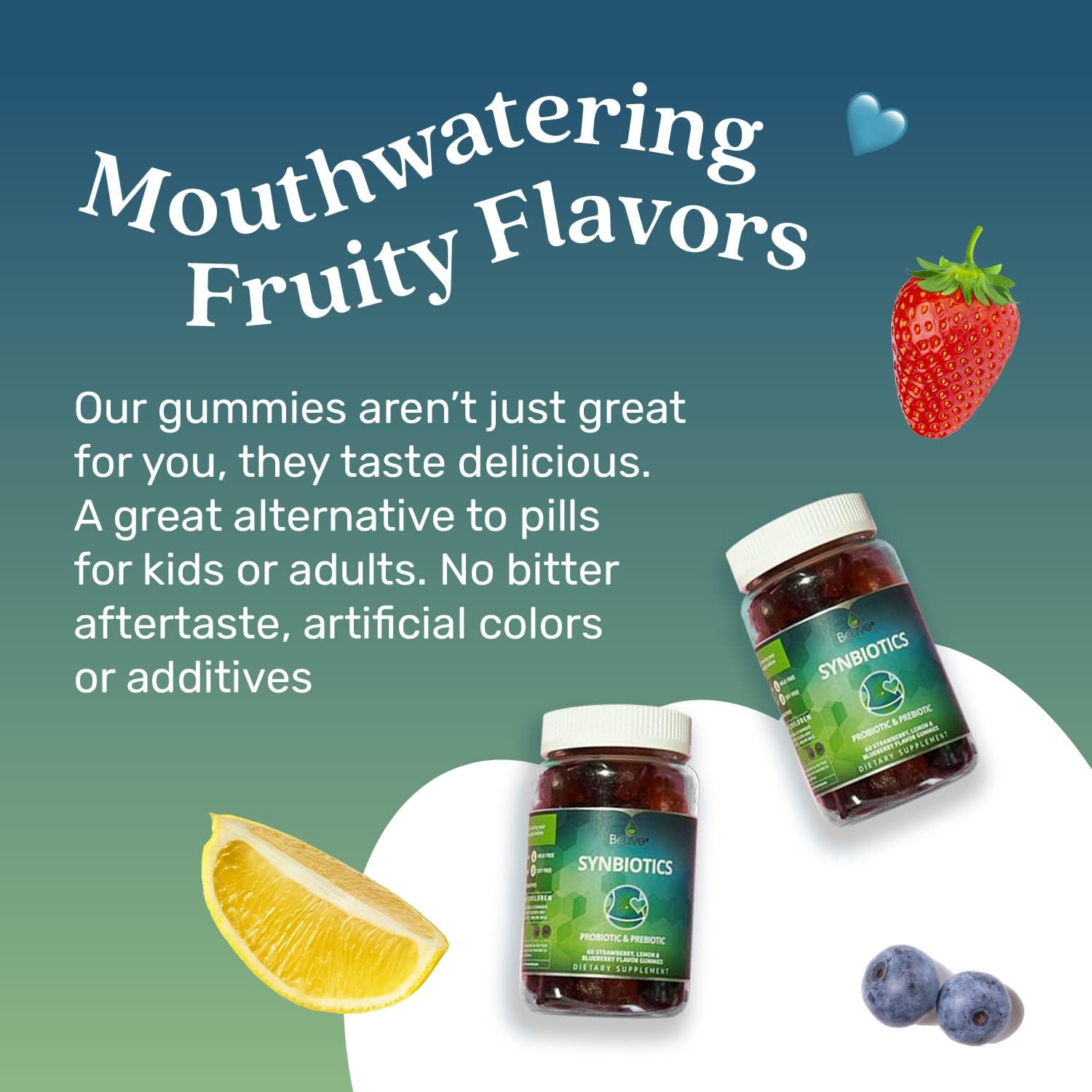 High Strength Inulin Probiotic & Prebiotic Fiber Gummies for Kids & Adults - Digestive Support Supplement - Strawberry, Lemon, Blueberry Flavor - 2-Pack