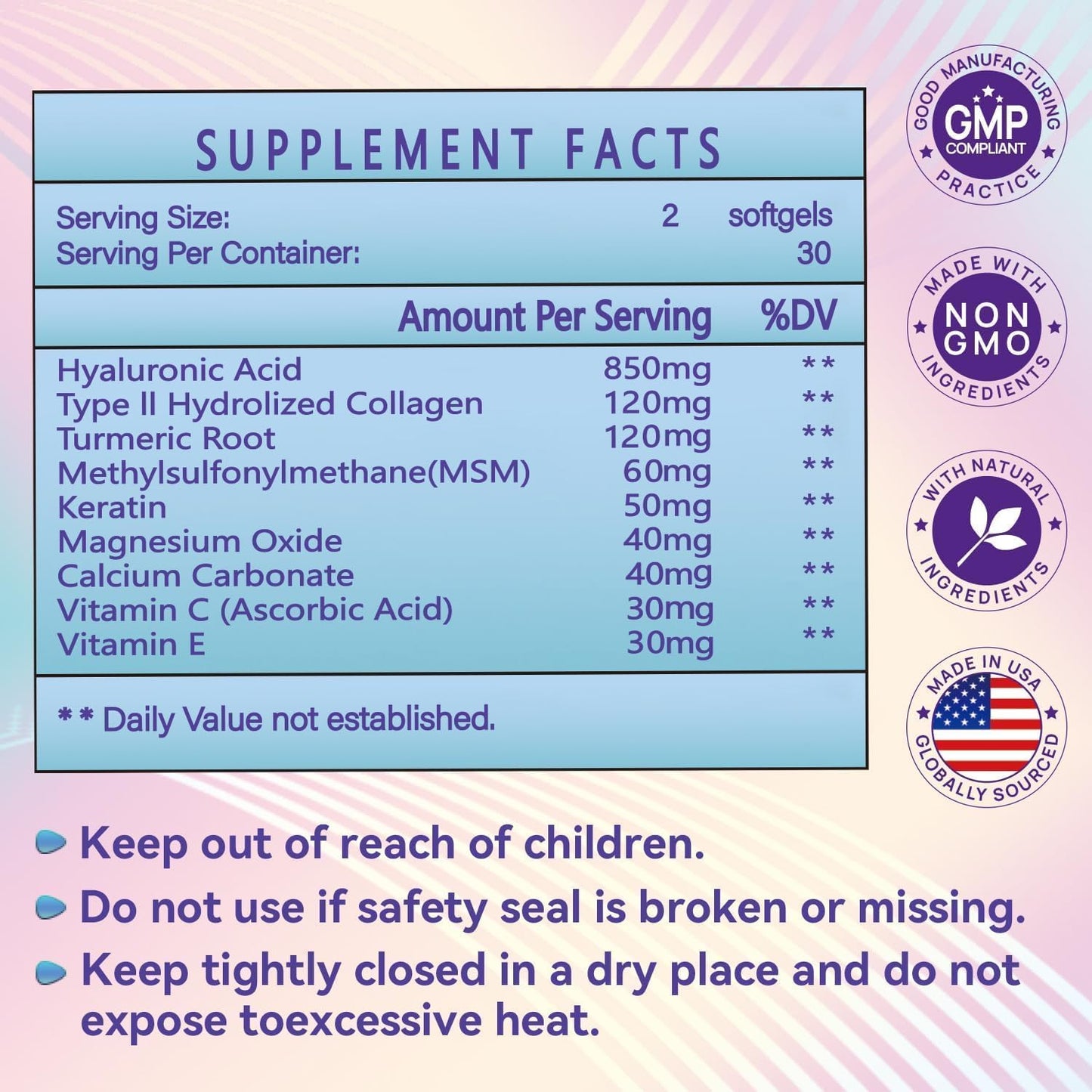 High Strength Johiear Hyaluronic Acid Supplements for Skin, Joints, Eyes, Hair, and Nails - 850mg Capsules, 60 Softgels (2 Pack)