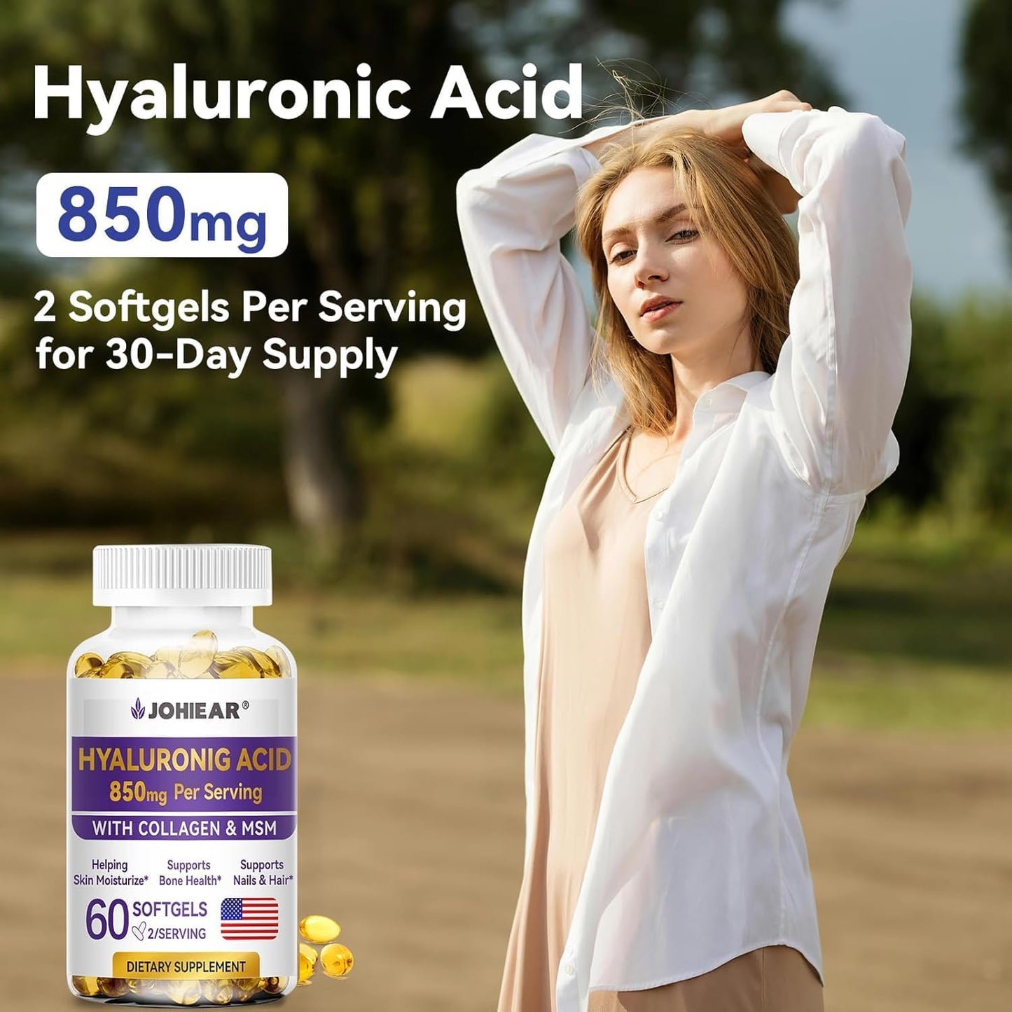 High Strength Johiear Hyaluronic Acid Supplements for Skin, Joints, Eyes, Hair, and Nails - 850mg Capsules, 60 Softgels (2 Pack)