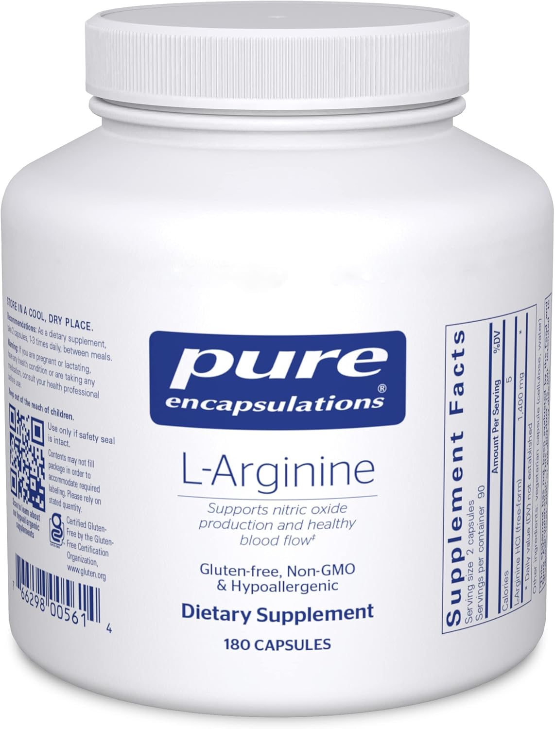 High Strength L-Arginine Supplement for Heart Health & Blood Flow - 1,400 mg - Pure Encapsulations - 180 Capsules - Gluten Free & Non-GMO