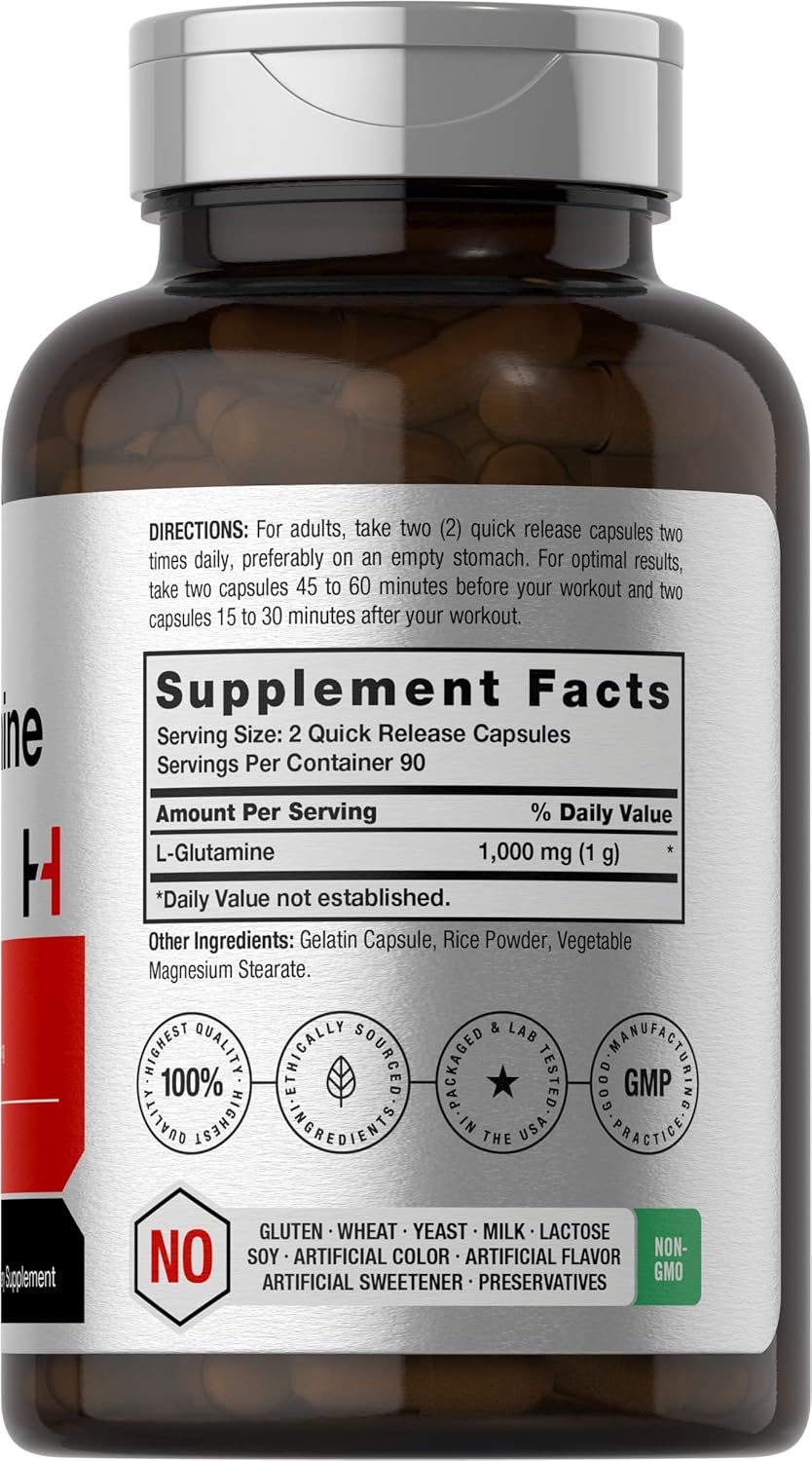 High Strength L-Glutamine Capsules 1000mg - 180 Count for Pre & Post Workout - Non-GMO, Gluten Free Supplement by Horbäach
