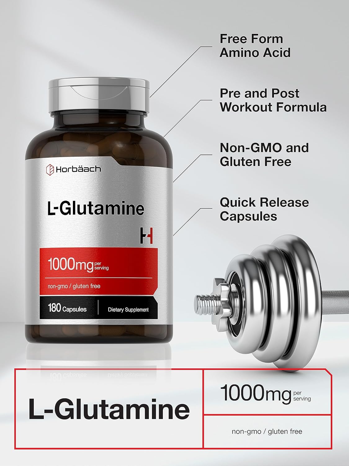 High Strength L-Glutamine Capsules 1000mg - 180 Count for Pre & Post Workout - Non-GMO, Gluten Free Supplement by Horbäach