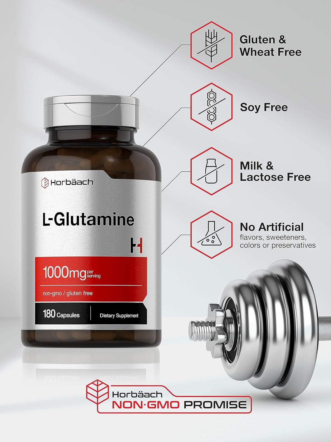 High Strength L-Glutamine Capsules 1000mg - 180 Count for Pre & Post Workout - Non-GMO, Gluten Free Supplement by Horbäach