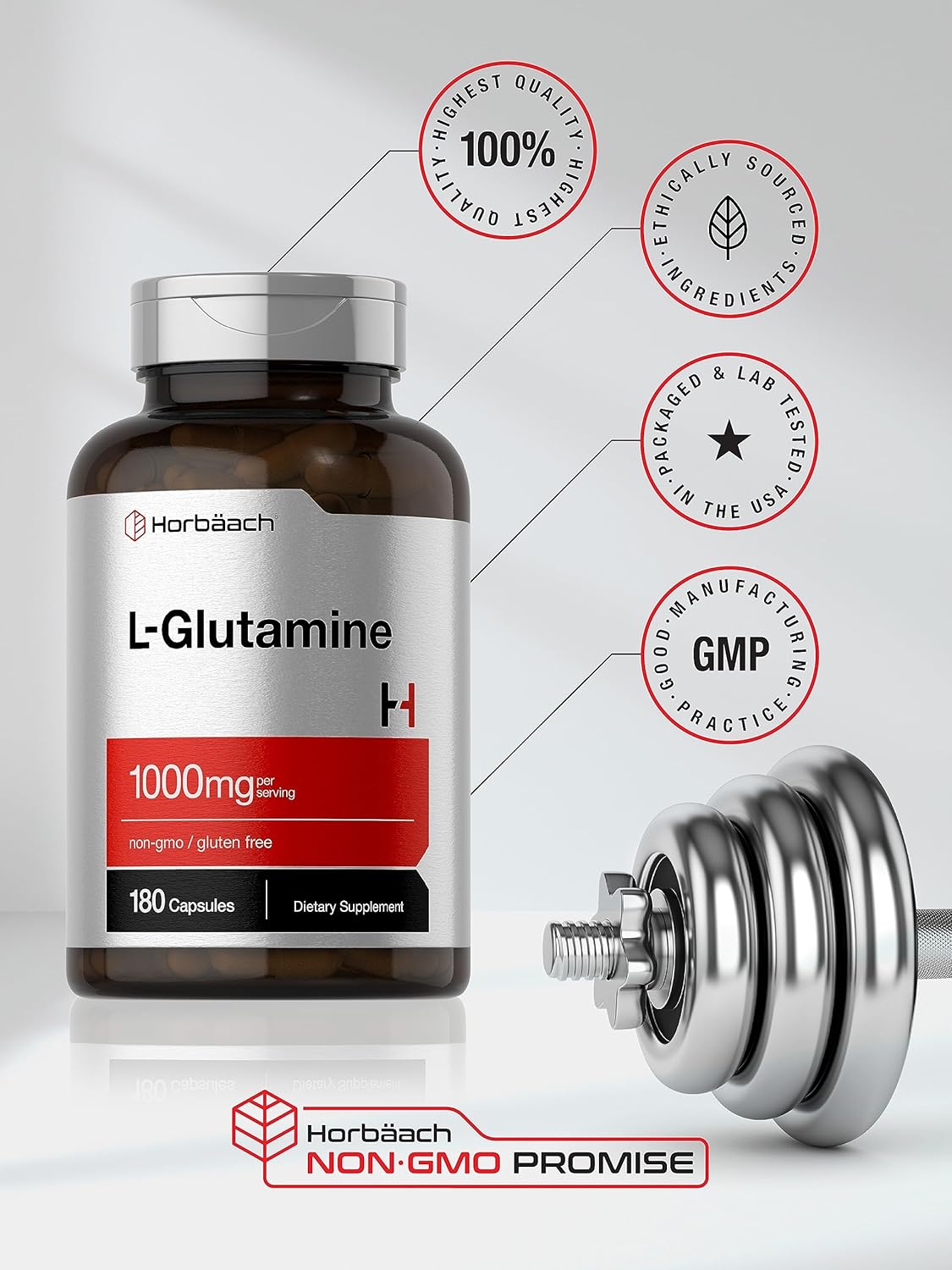 High Strength L-Glutamine Capsules 1000mg - 180 Count for Pre & Post Workout - Non-GMO, Gluten Free Supplement by Horbäach