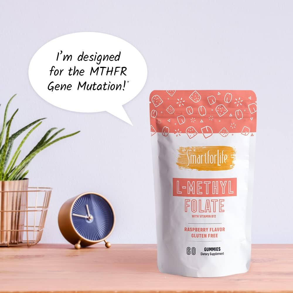 High Strength L-Methylfolate Gummies with Vitamin B12 - Raspberry Flavor - 60 Count - Active Folate 5 MTHFR Support - Professional Grade Supplement