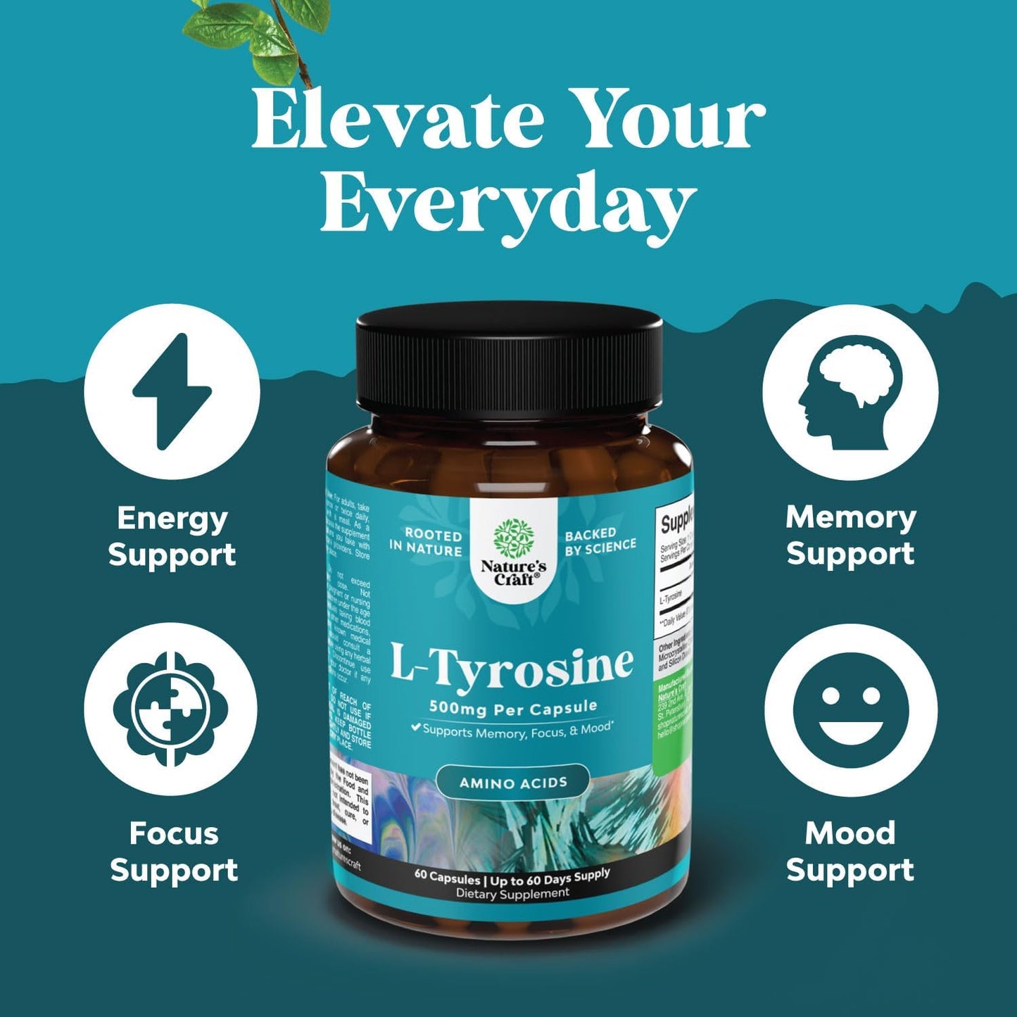 High Strength L-Tyrosine Supplement for Mental Energy and Focus Support - Natures Craft Free Form L Tyrosine 500mg Capsules - Amino Acid Nootropic for Mood Focus Attention and Cognition - 60 Count