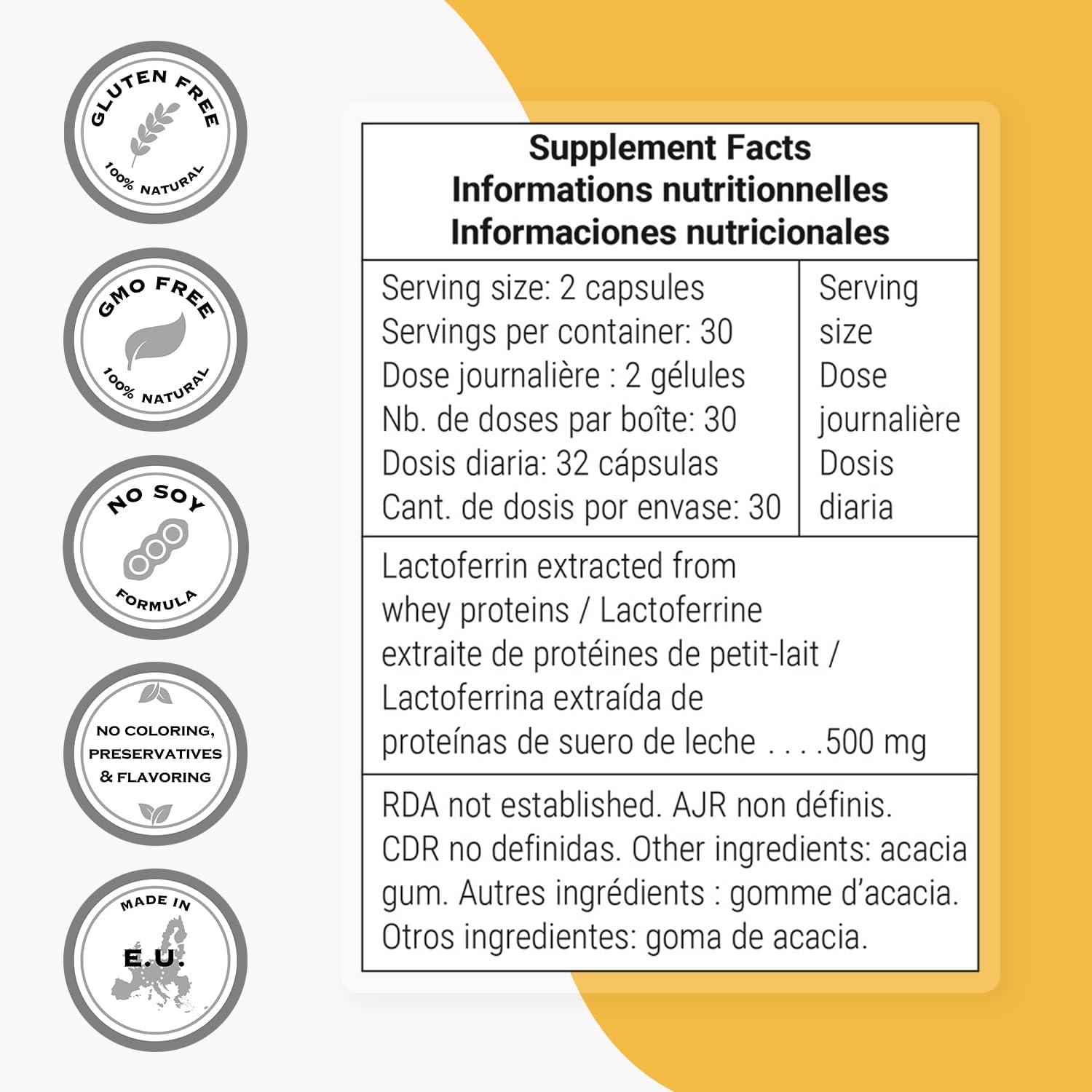 High Strength Lactoferrin Supplement with Whey Protein Extract - Natural Glycoprotein - Non-GMO & Gluten Free - 60 Capsules