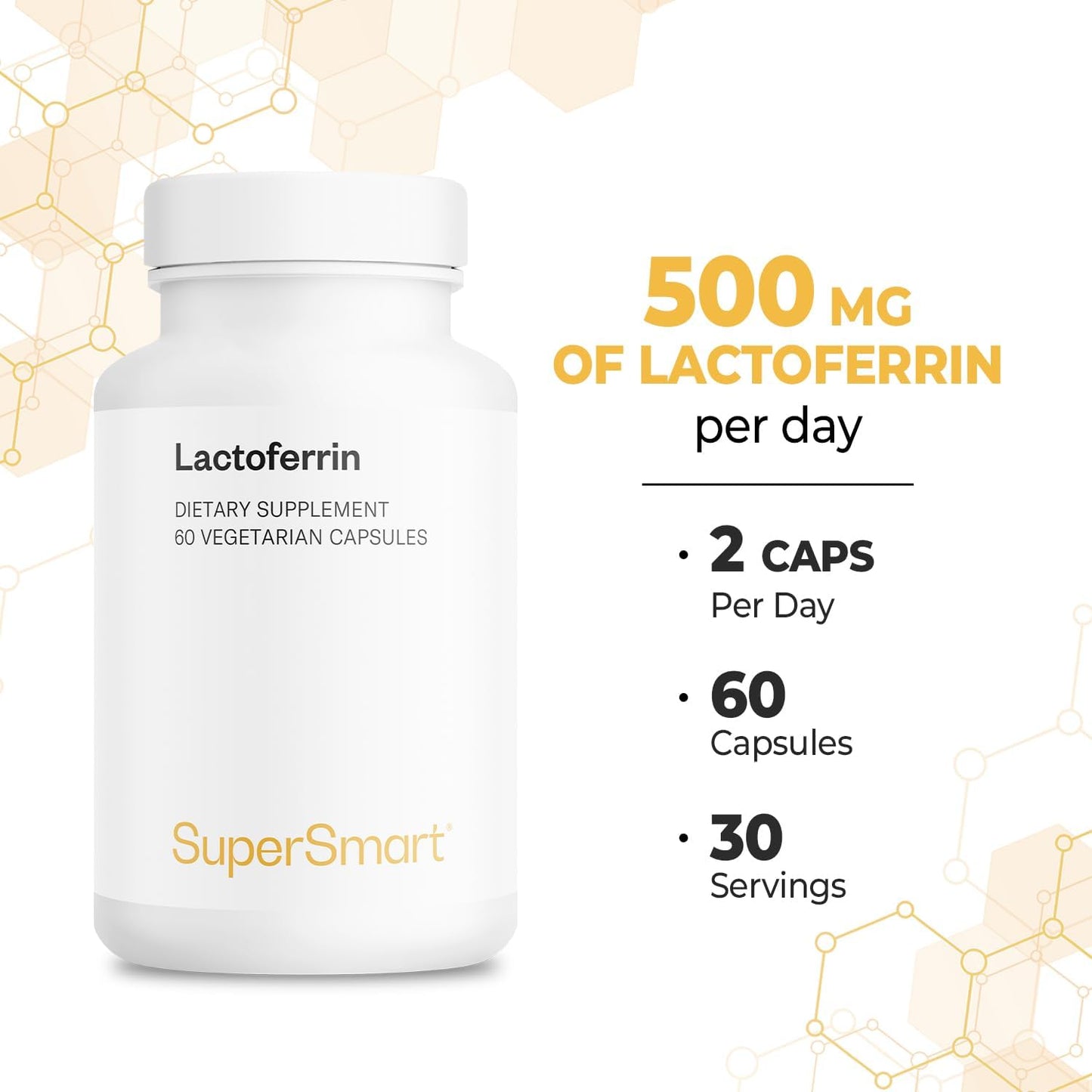 High Strength Lactoferrin Supplement with Whey Protein Extract - Natural Glycoprotein - Non-GMO & Gluten Free - 60 Capsules