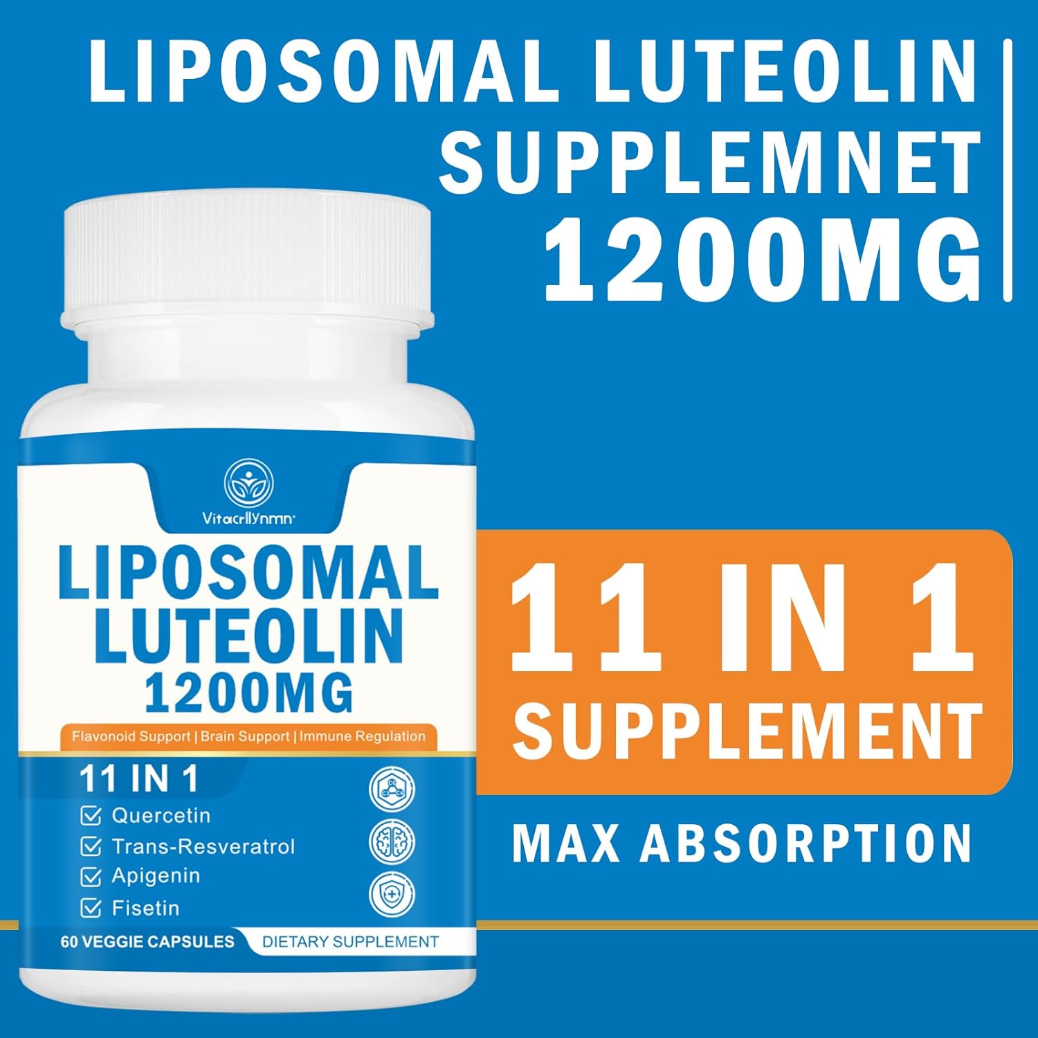 High Strength Liposomal Luteolin Supplement 1200MG - Enhanced Brain Antioxidant Support - 120 Capsules